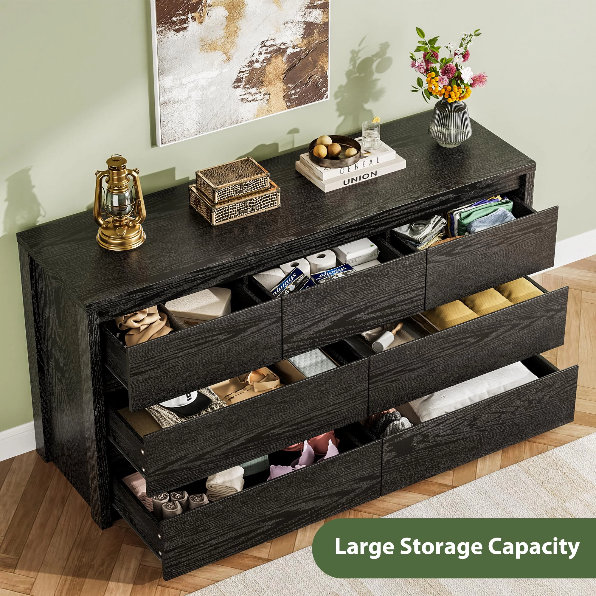 Modern 7 Drawer Wooden Dresser, Wide Minimalist Chest of Drawers for Bedroom or Living Room