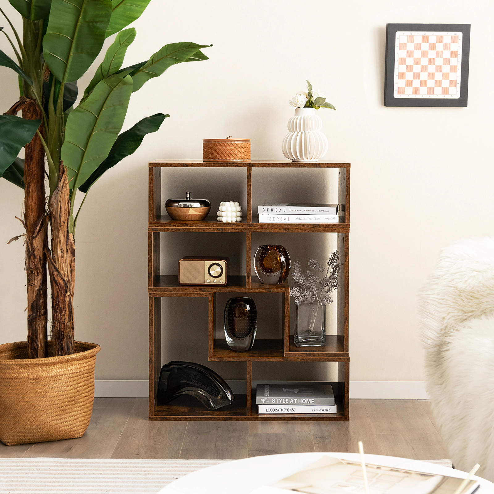 SUGIFT 3-Piece Brown Modular TV Stand for TVs up to 65 Inches, 6 Open Cubbies