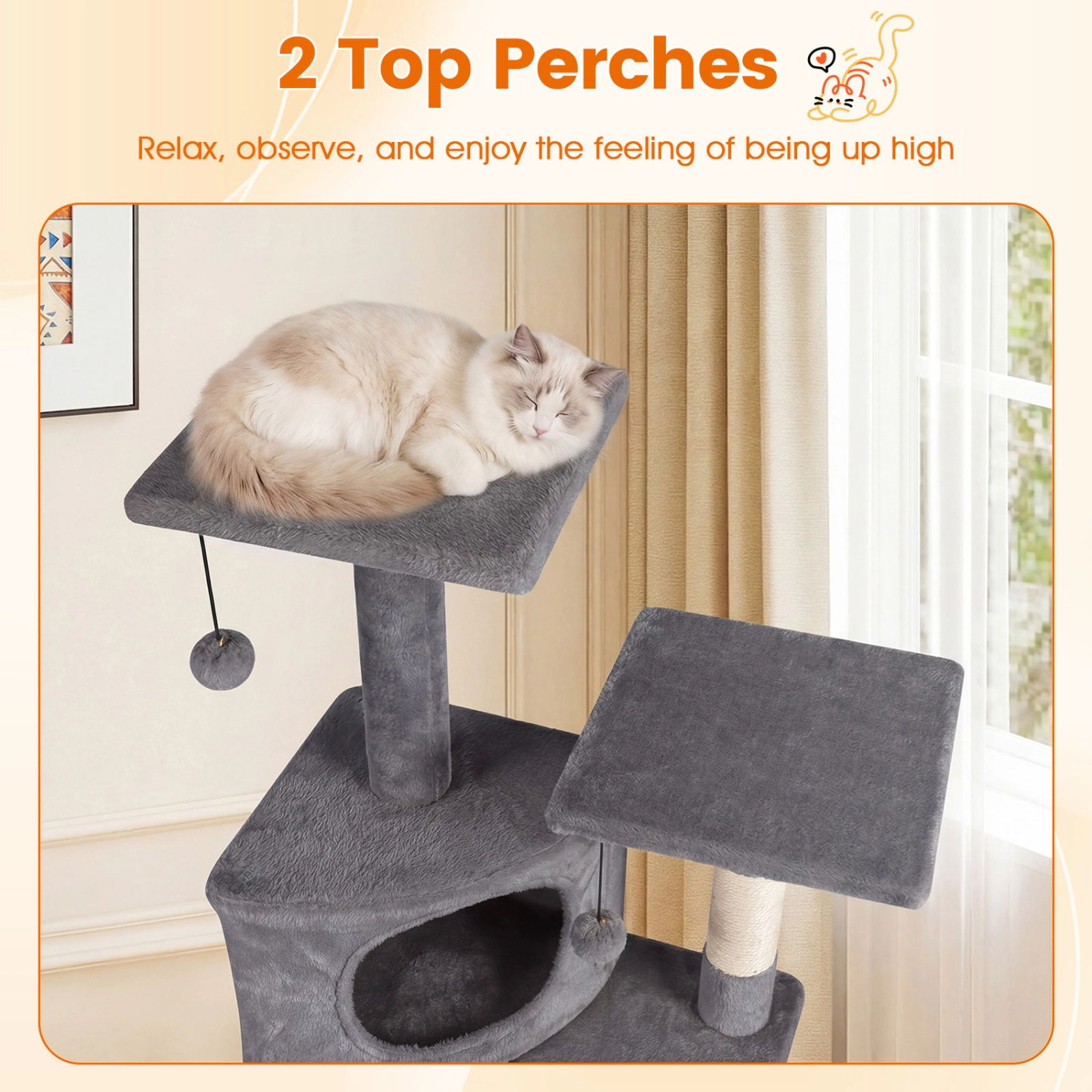 SUGIFT 44-in Dark Gray Kitten Cat Tree with Enclosed Condo Twin Plush Beds and Sisal Scratching Posts