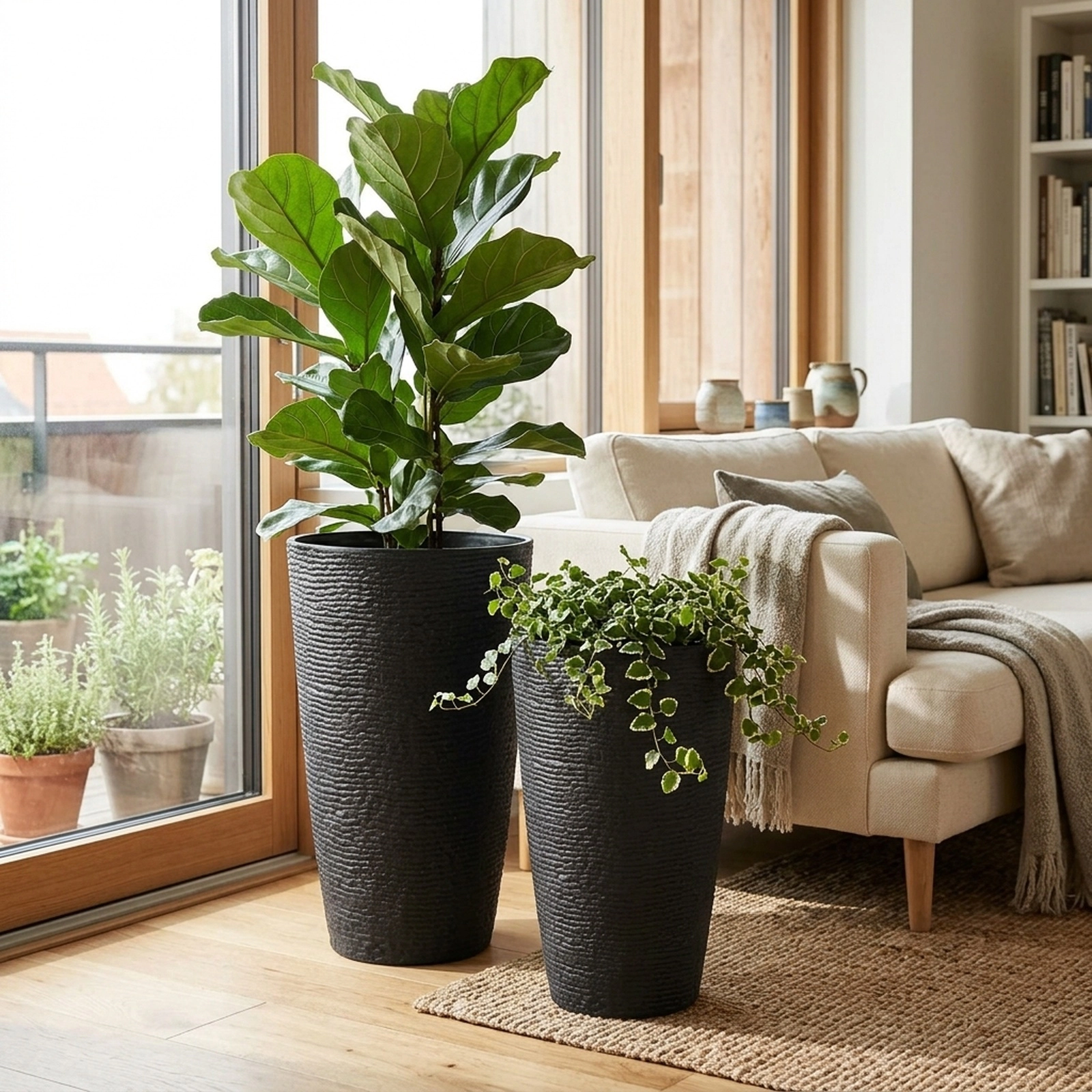 SUGIFT Set of 2 Tall Round Black Stackable Outdoor Planters with Drainage System 13-in Dia 21-in H