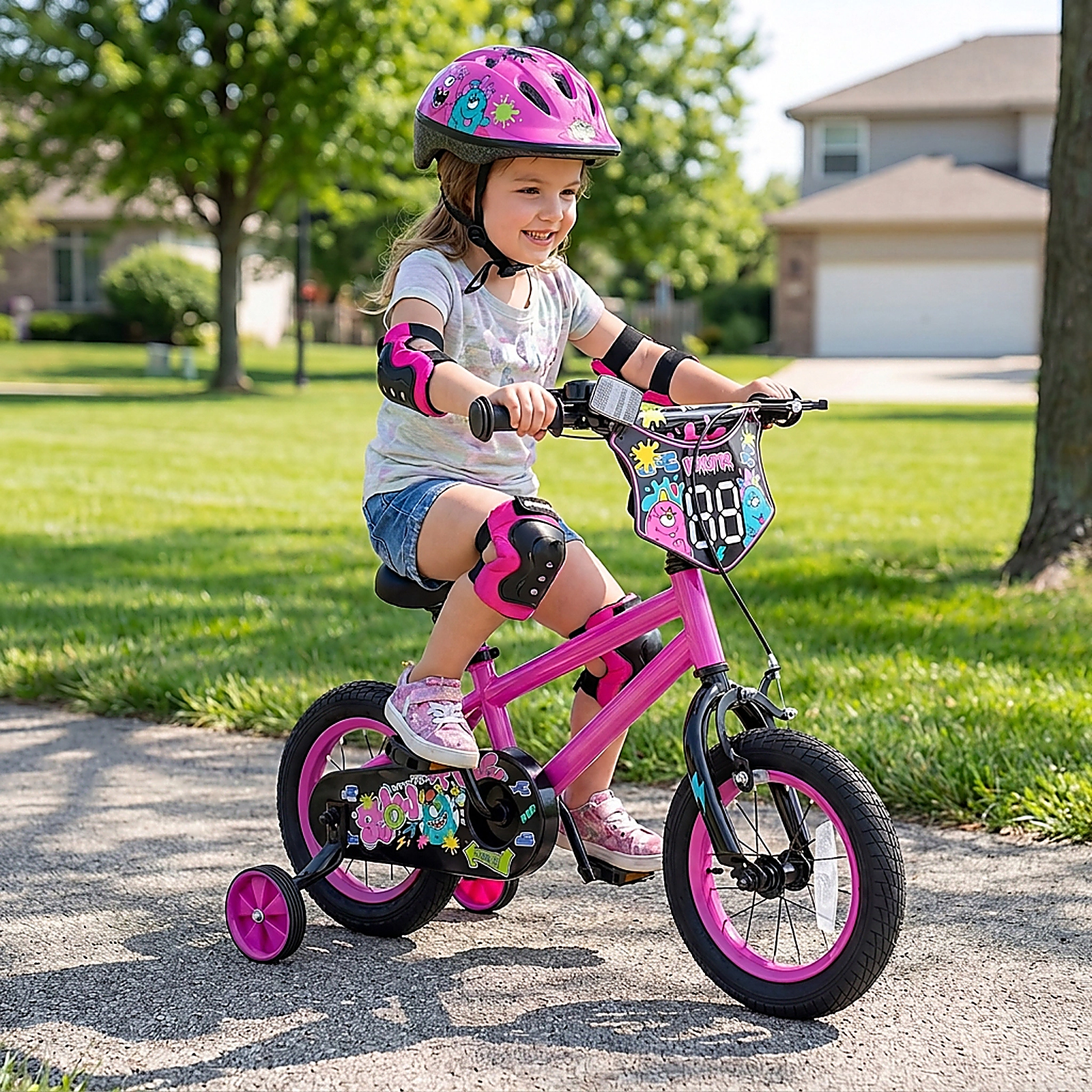SUGIFT Pink Detachable Training Wheels and Adjustable Seat Kids Bike