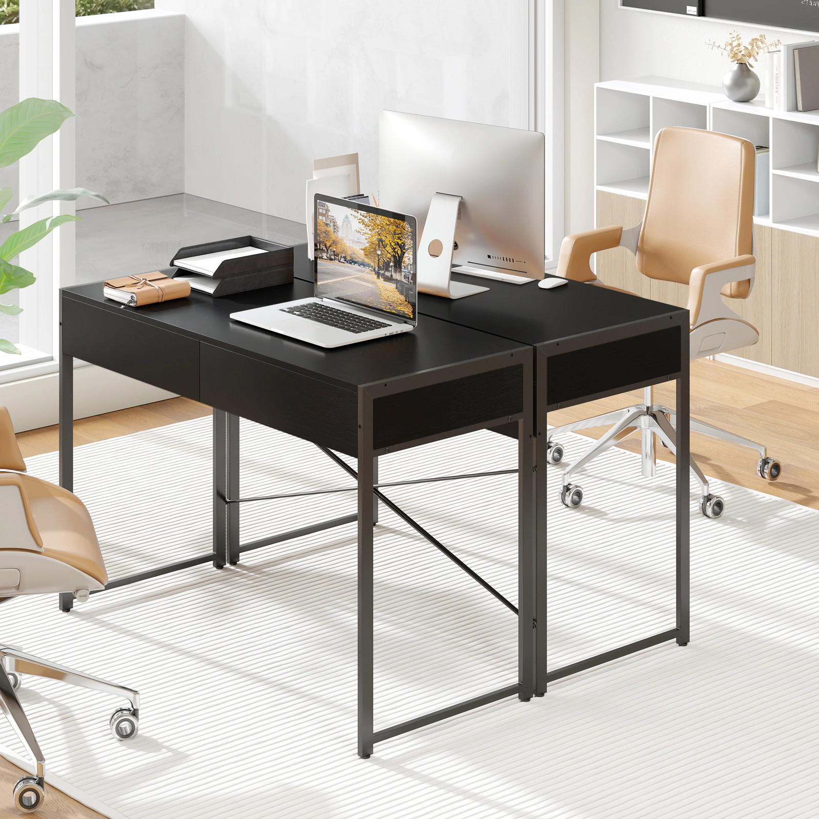 SUGIFT 44 in Home Office Desk Black with 2 Drawers and Steel Frame