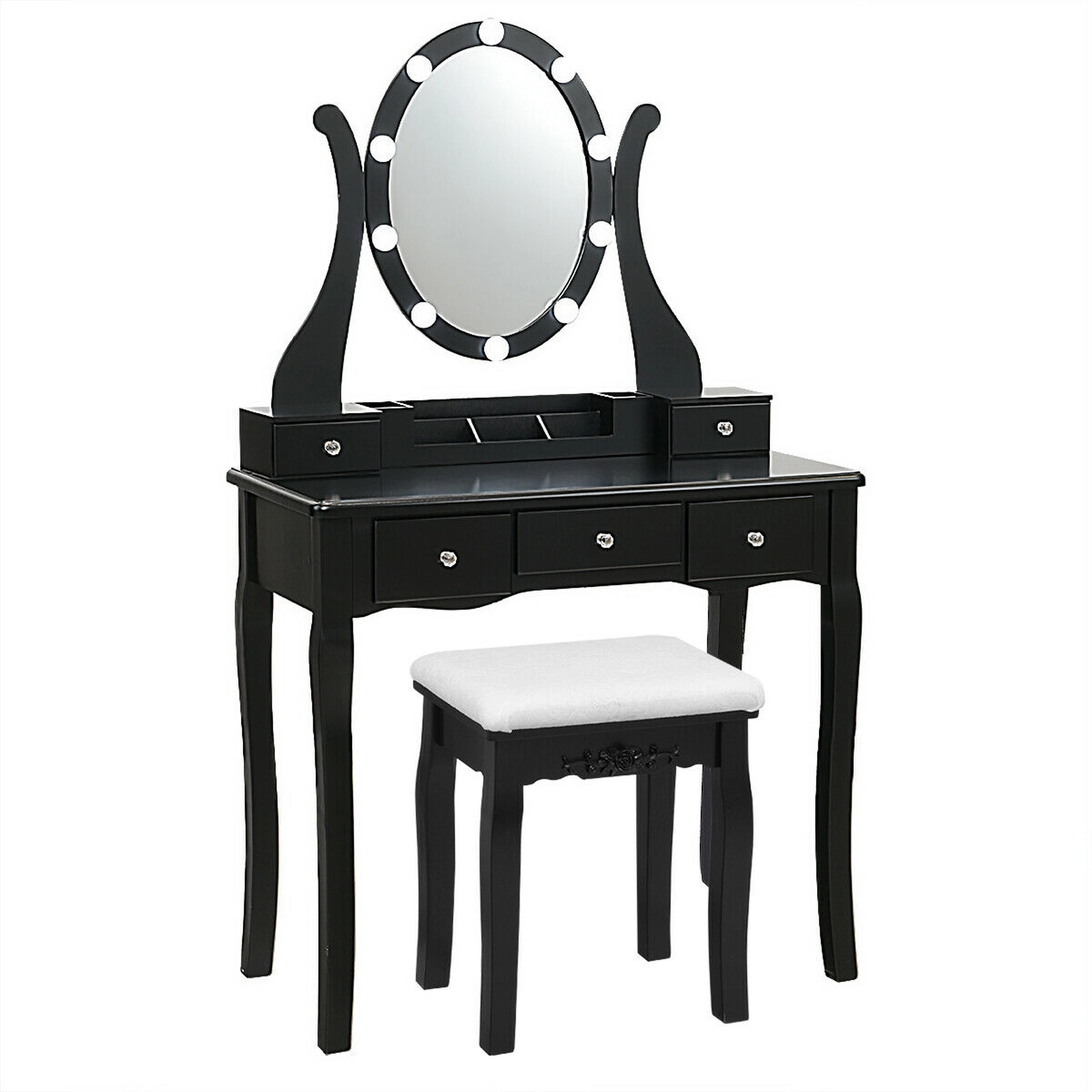 SUGIFT 10 Dimmable Lights Vanity Table Set with Lighted Mirror and Cushioned Stool 287-lb Table Capacity Black