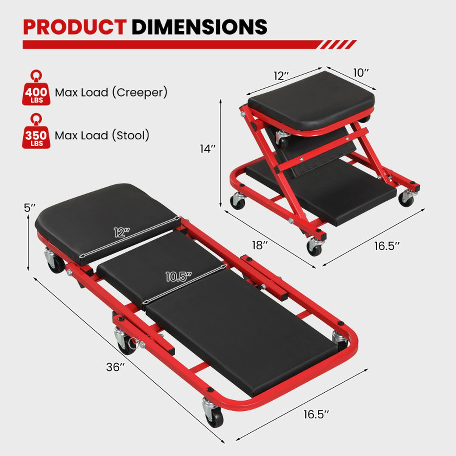 SUGIFT 2-in-1 Folding Automotive Creeper and Z-Shaped Rolling Stool, 400-Lb Capacity, 6 Wheels