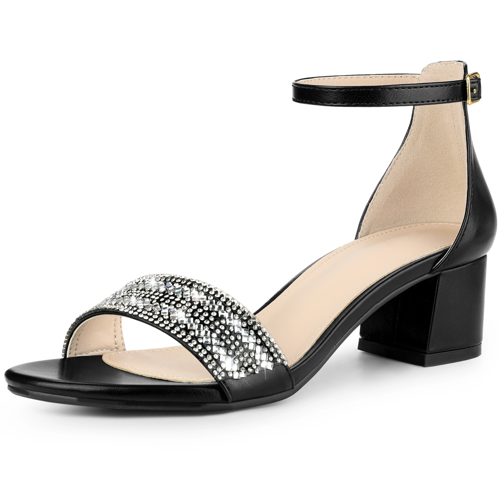 BLISSFUL STEP Women's Sparkly Rhinestone Ankle Strap Chunky Heel Sandals