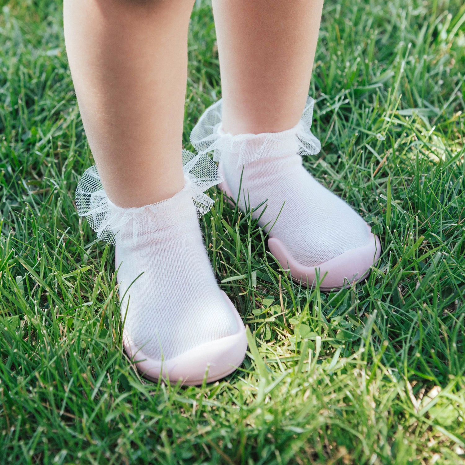 Komuello Toddler Girl First Walk Sock Shoes Lace Trim - Tull Pink