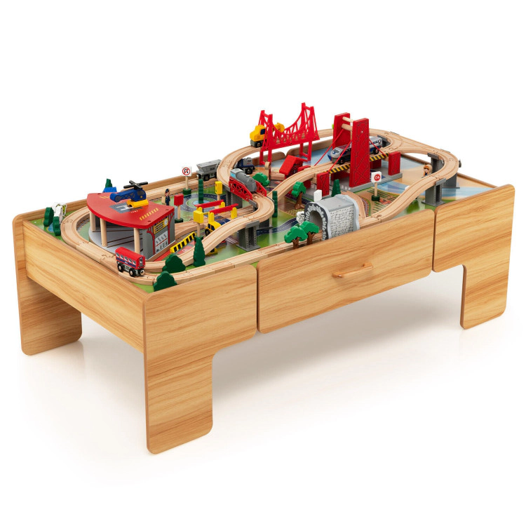 SUGIFT 100-Piece Double-Sided Wooden Train Set Activity Table with Storage Drawer for Kids Age 3+ Natural