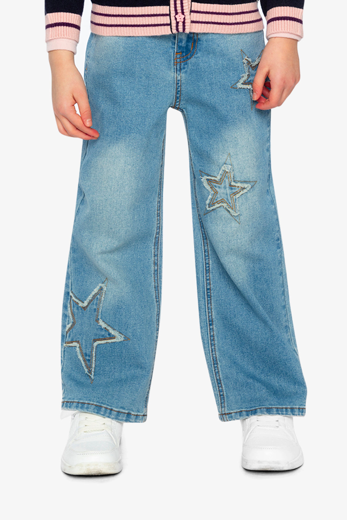Deux par Girls Frayed Star Embroidered Stretch Denim Jeans