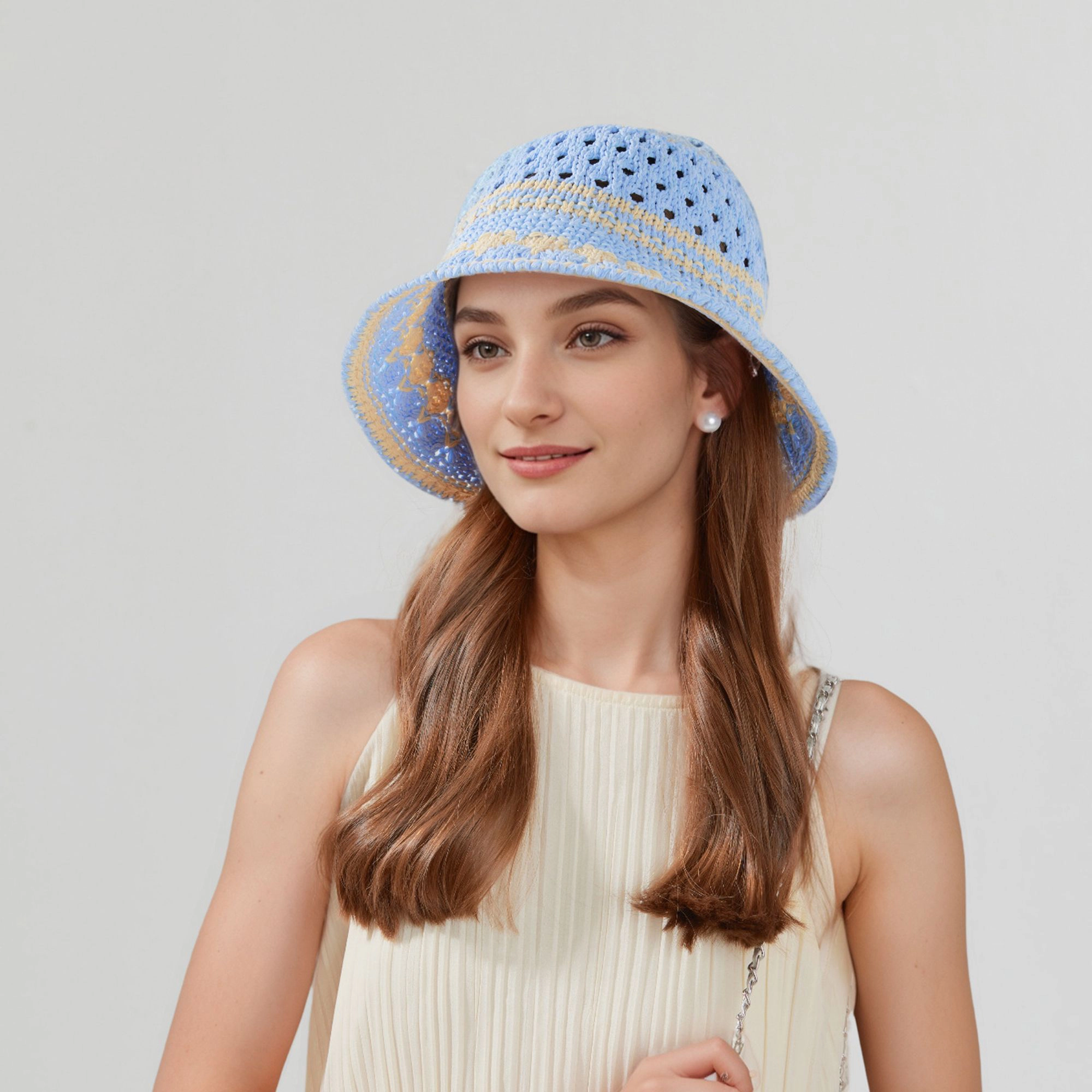 Anna-Kaci Women's Crochet Knit Bucket Hat with Openwork Floral Pattern and Rolled Brim for Lightweight Summer Style