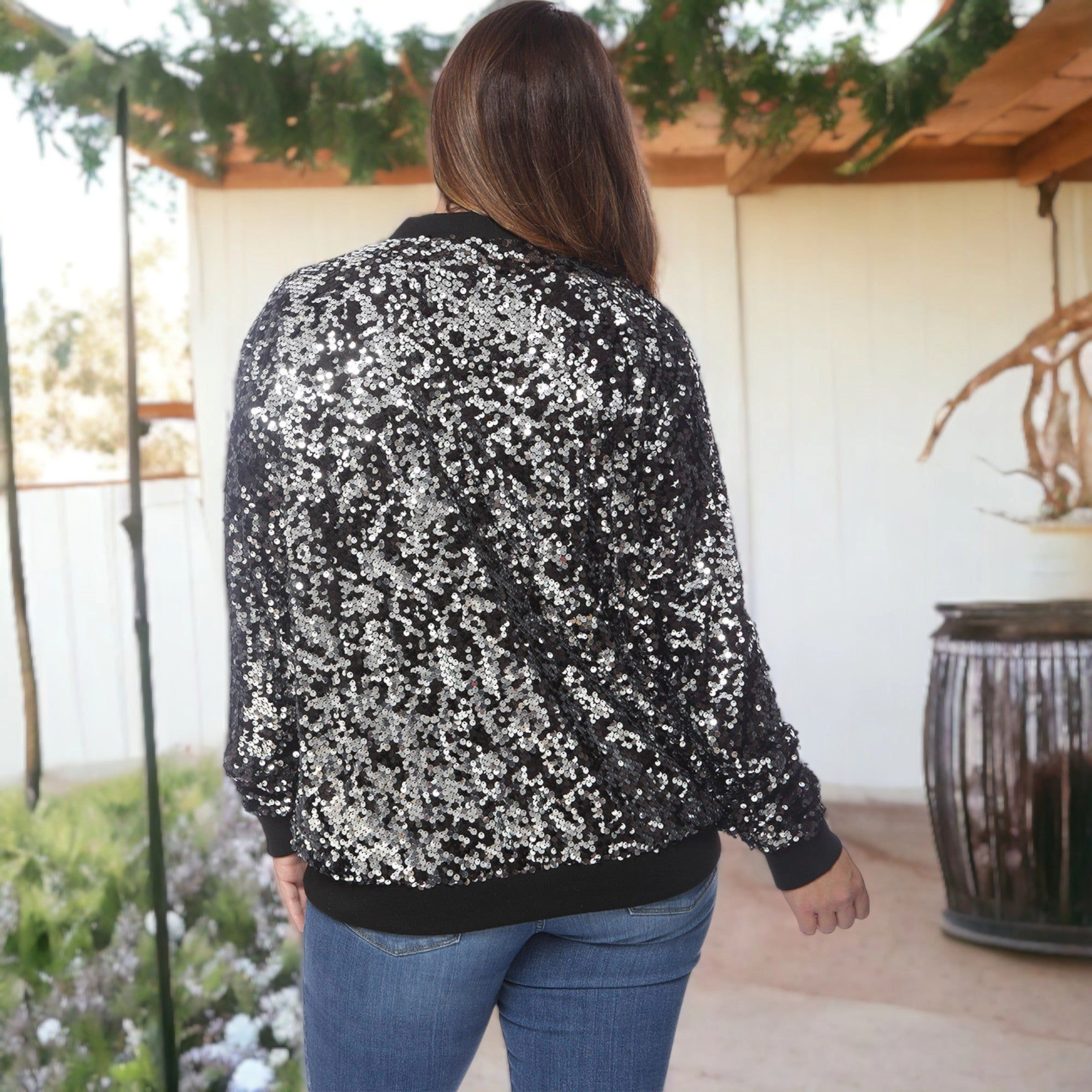 Anna-Kaci Women's Plus Sequin Bomber Jacket