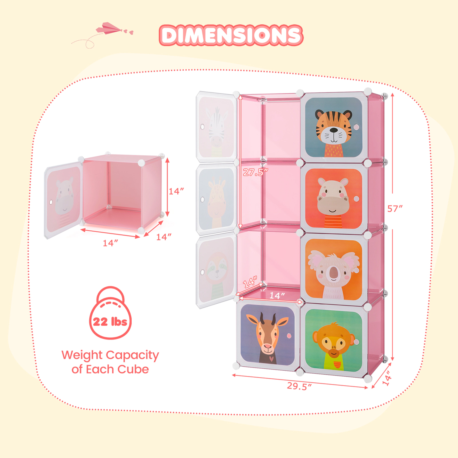 SUGIFT 8-Cube Kids Wardrobe Toy Organizer Closet with Hanging Section and Doors 22-lb Cube Capacity Pink