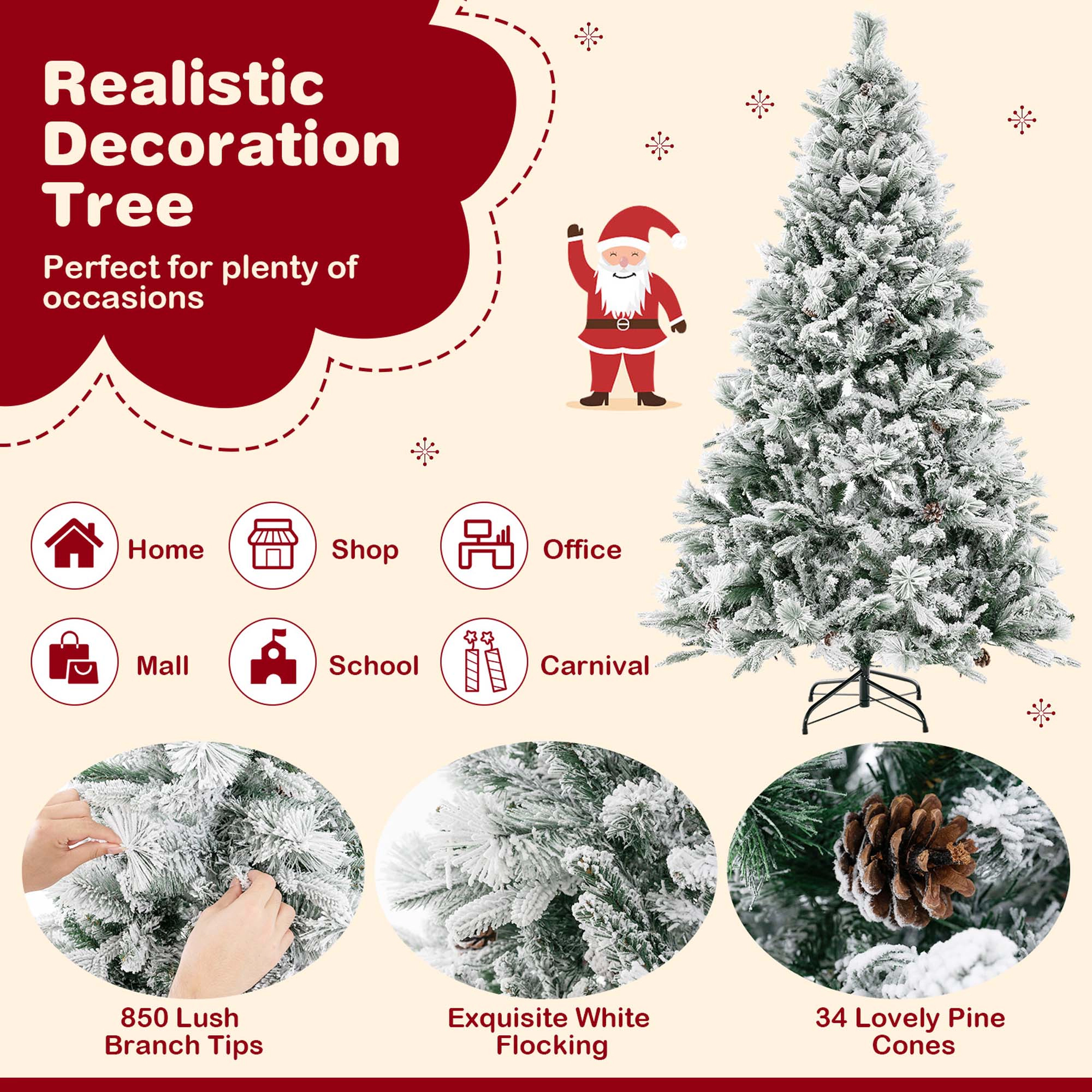 Costway 7 FT Pre-Lit Snow Flocked Christmas Tree Hinged Xmas Tree with 8 Modes 320 Lights