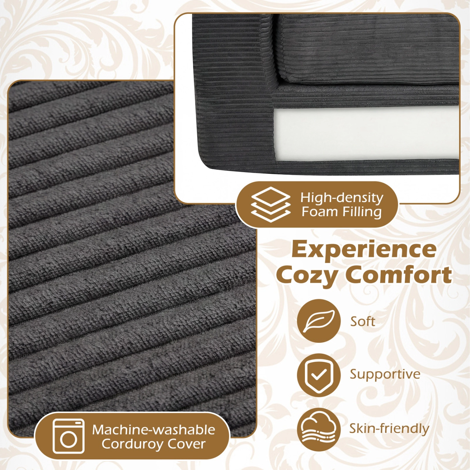 SUGIFT 2-Seater Floor Corduroy Loveseat Foam Sofa 62-in Frame 660-lb Capacity Removable Cover Black