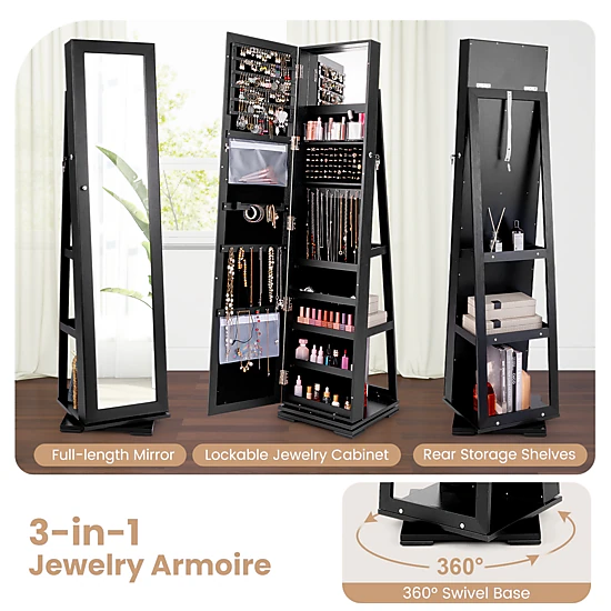 Hivvago Jewelry Organizer Cabinet With Full Length Mirror and Rotatable Storage