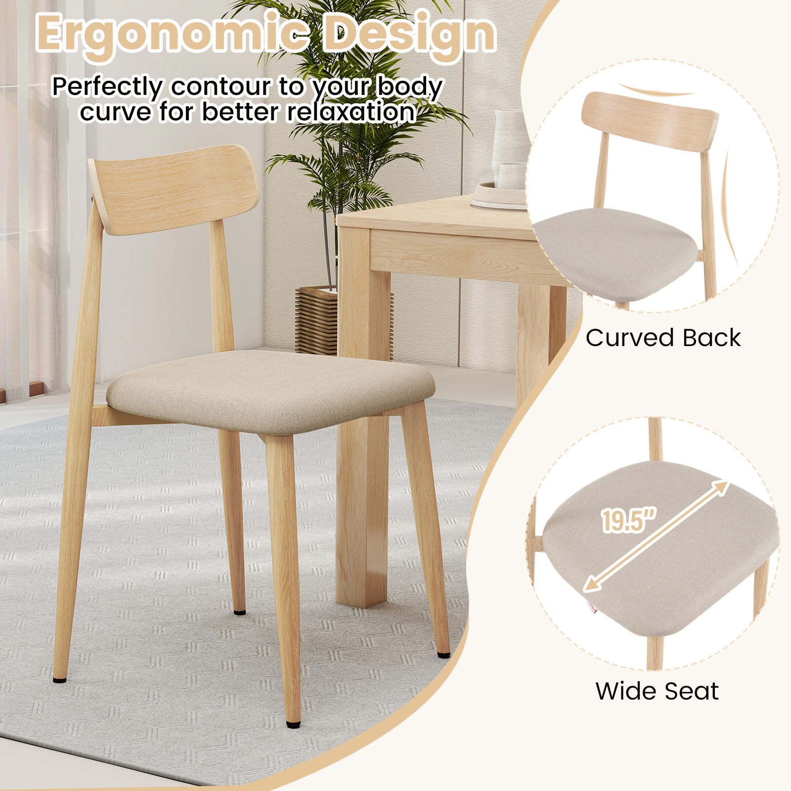 SUGIFT Linen Fabric Upholstered Modern Dining Chair Set of 4 with Padded Seat & Curved Back 340-lb Capacity Oak+Oatmeal