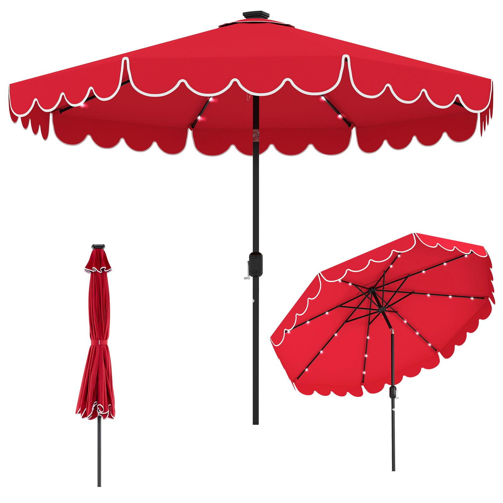 SUGIFT 10-ft Red Solar Patio Umbrella with 24 LED Lights Air Vent Crank Lift and 8 Wind-Resistant Metal Ribs