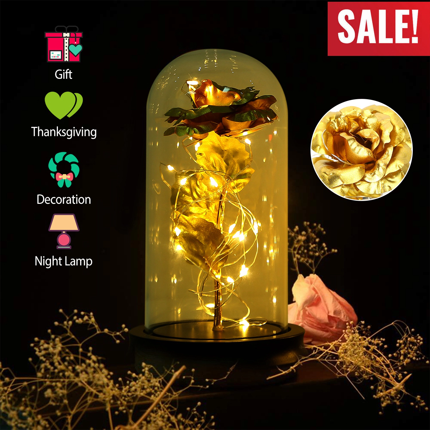 IMounTEK Unisex LED Foil Rose Light With Glass Dome