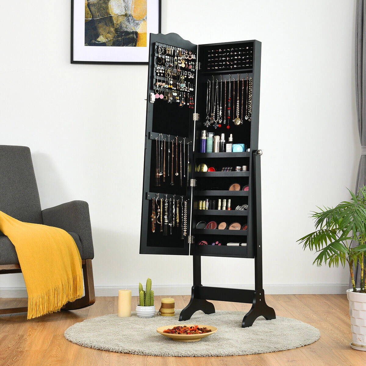 SUGIFT Full-Length Mirrored Lockable Jewelry Cabinet Armoire Organizer 43.5-in Glass Mirror & 18.5-in Wide MDF Frame