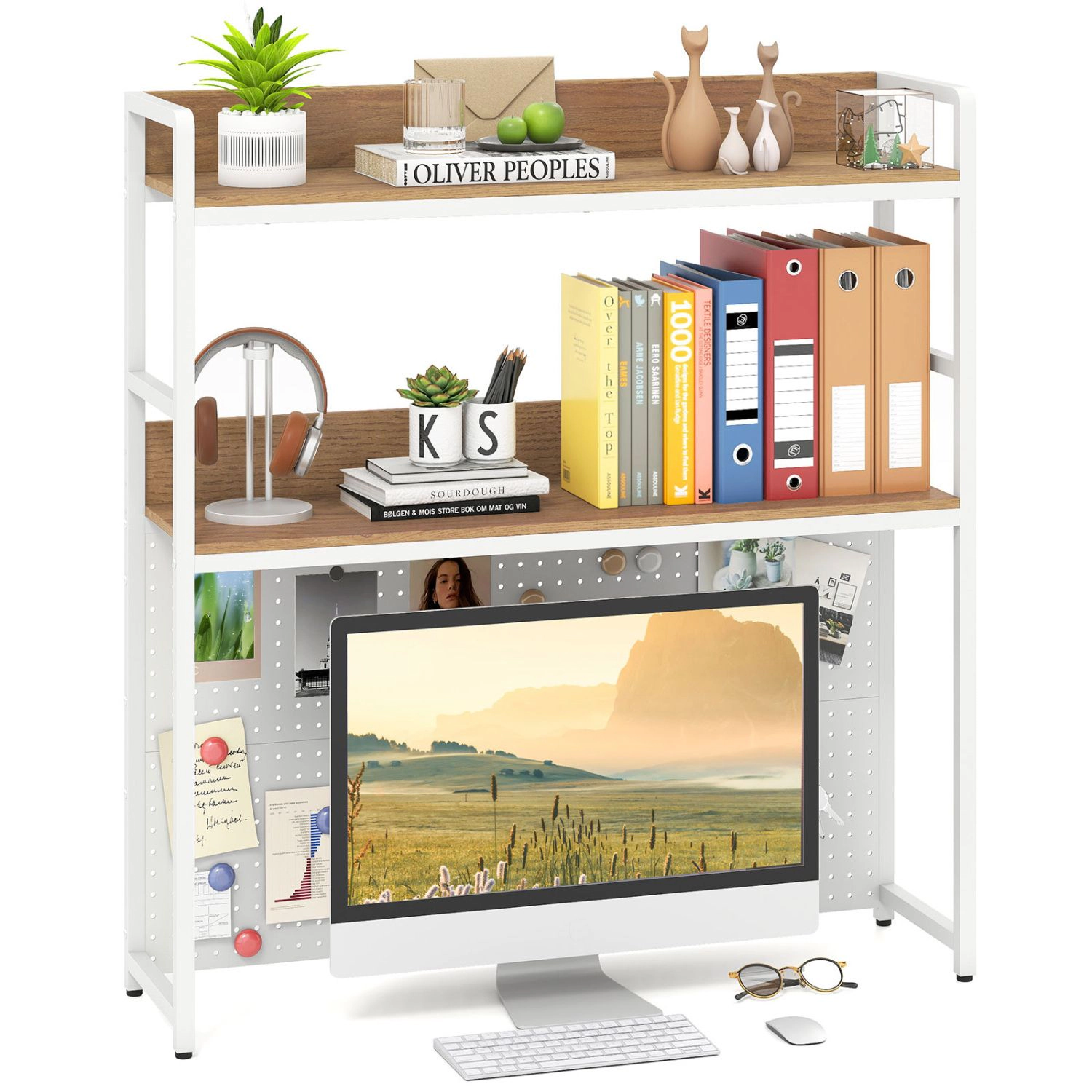 SlickBlue Desktop Bookshelf with 2-Tier Shelves and Pegboard Storage