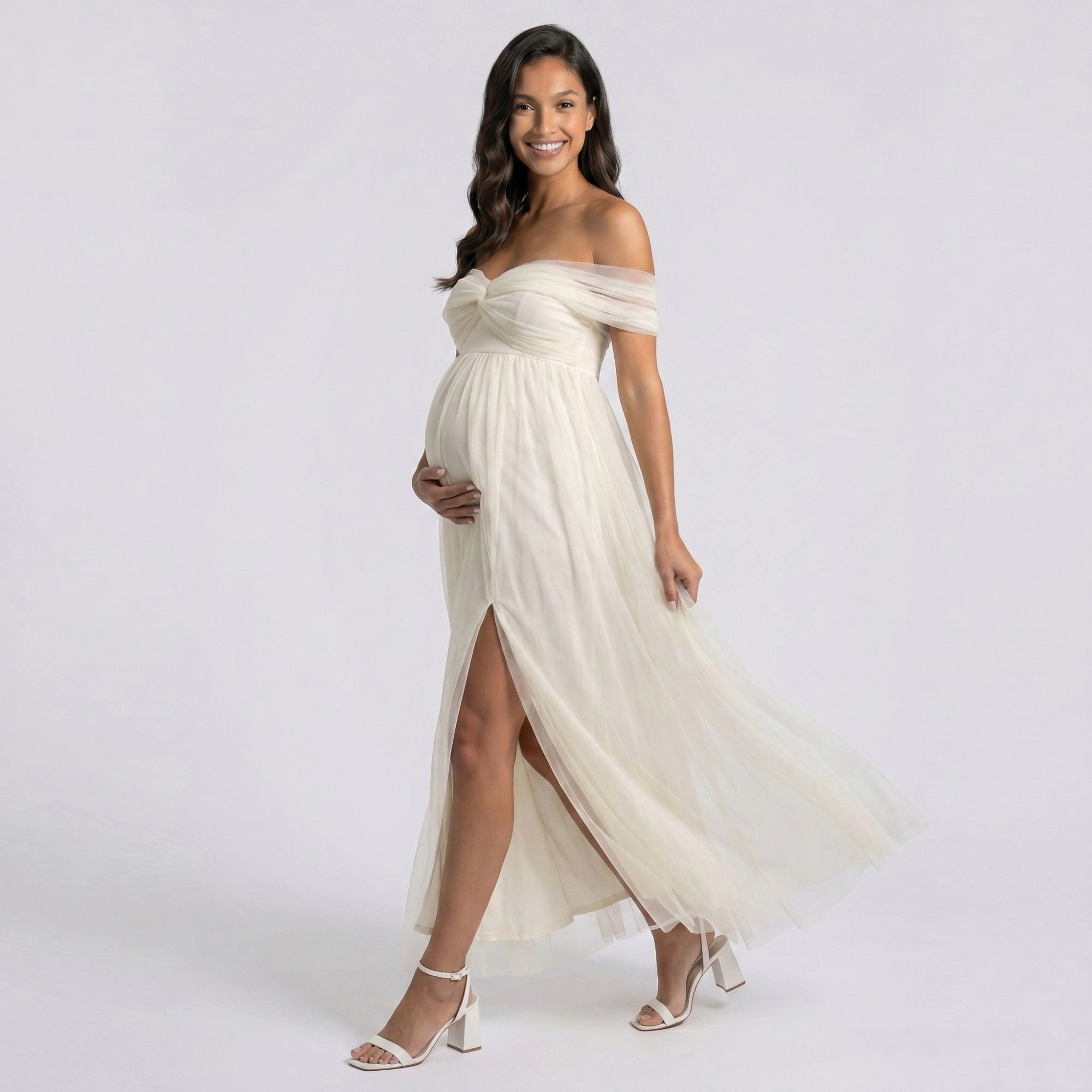 Anna-Kaci Women's Off Shoulder Ruched Bodice Front Slit Maternity Maxi Dress