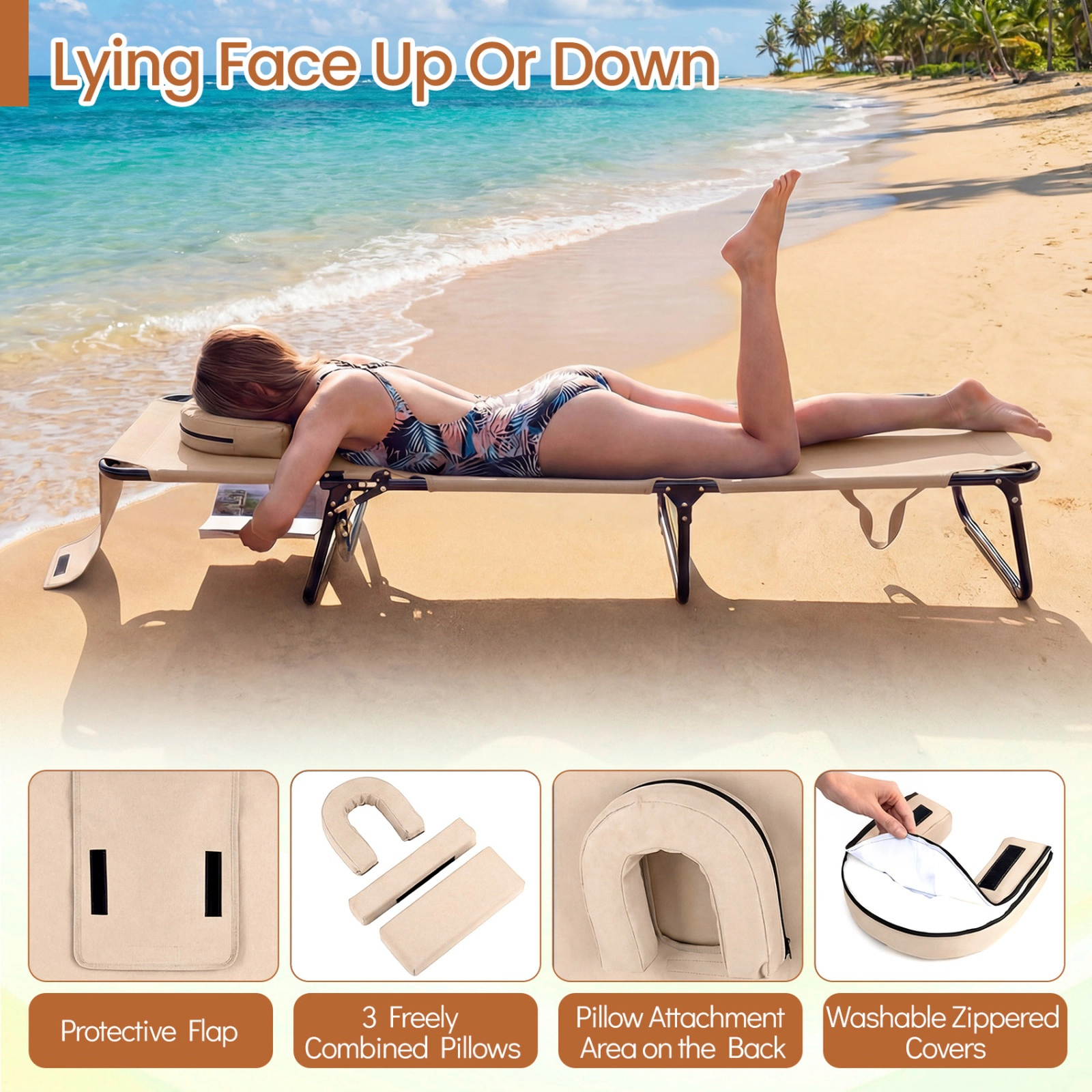 SUGIFT Face Hole and 3 Removable Pillows 330-lb Beige Folding Face-Down Tanning Chair