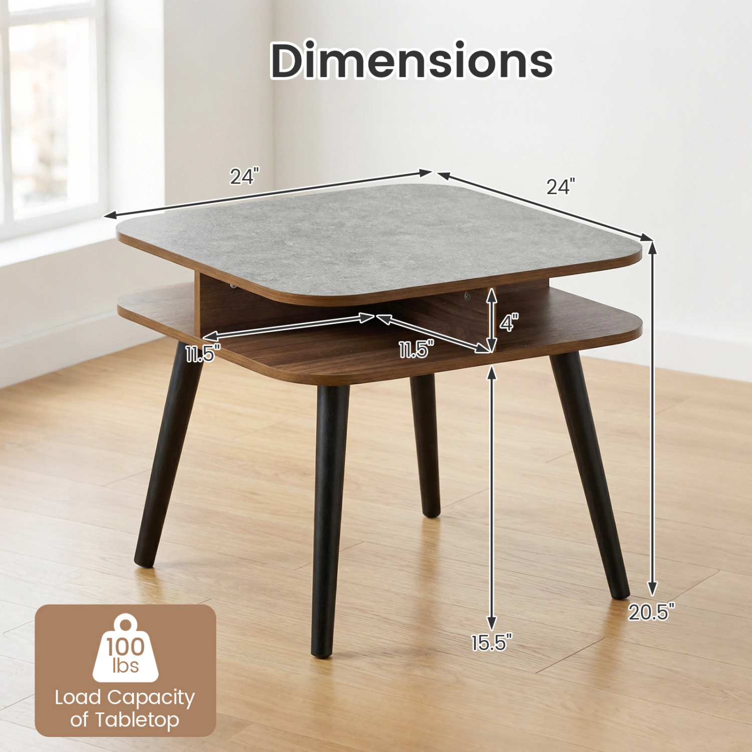 Glintex Faux Marble Side Table with 4-Sided Shelving and Rubber Wood Legs, Gray