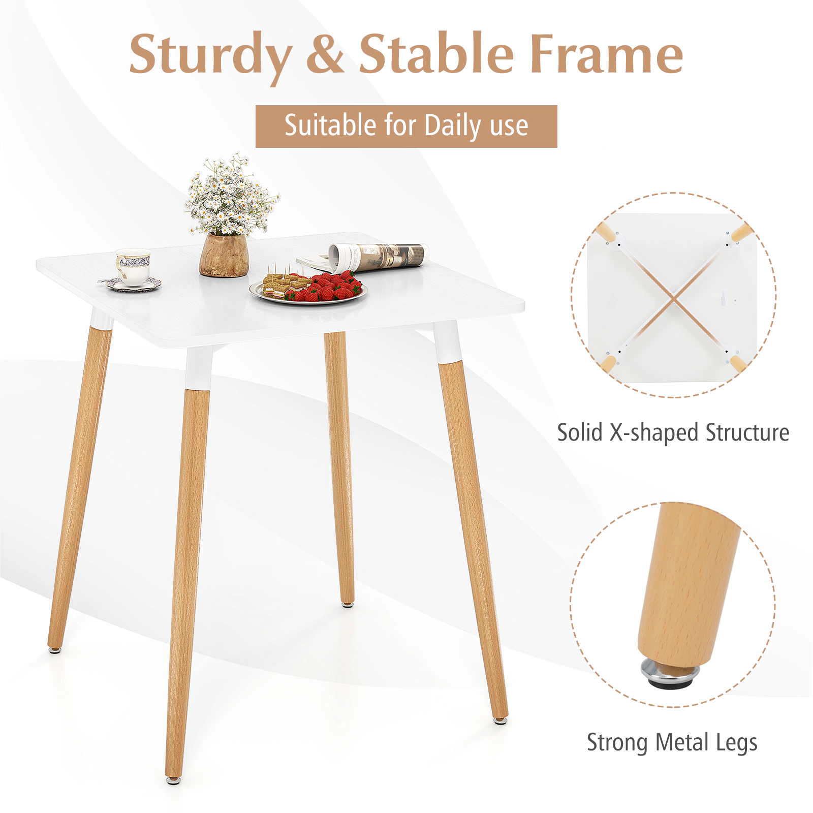 SUGIFT 23.5-in Square Dining Table with Adjustable Foot Pads 165-lb Capacity for Dining Room or Kitchen White Natural