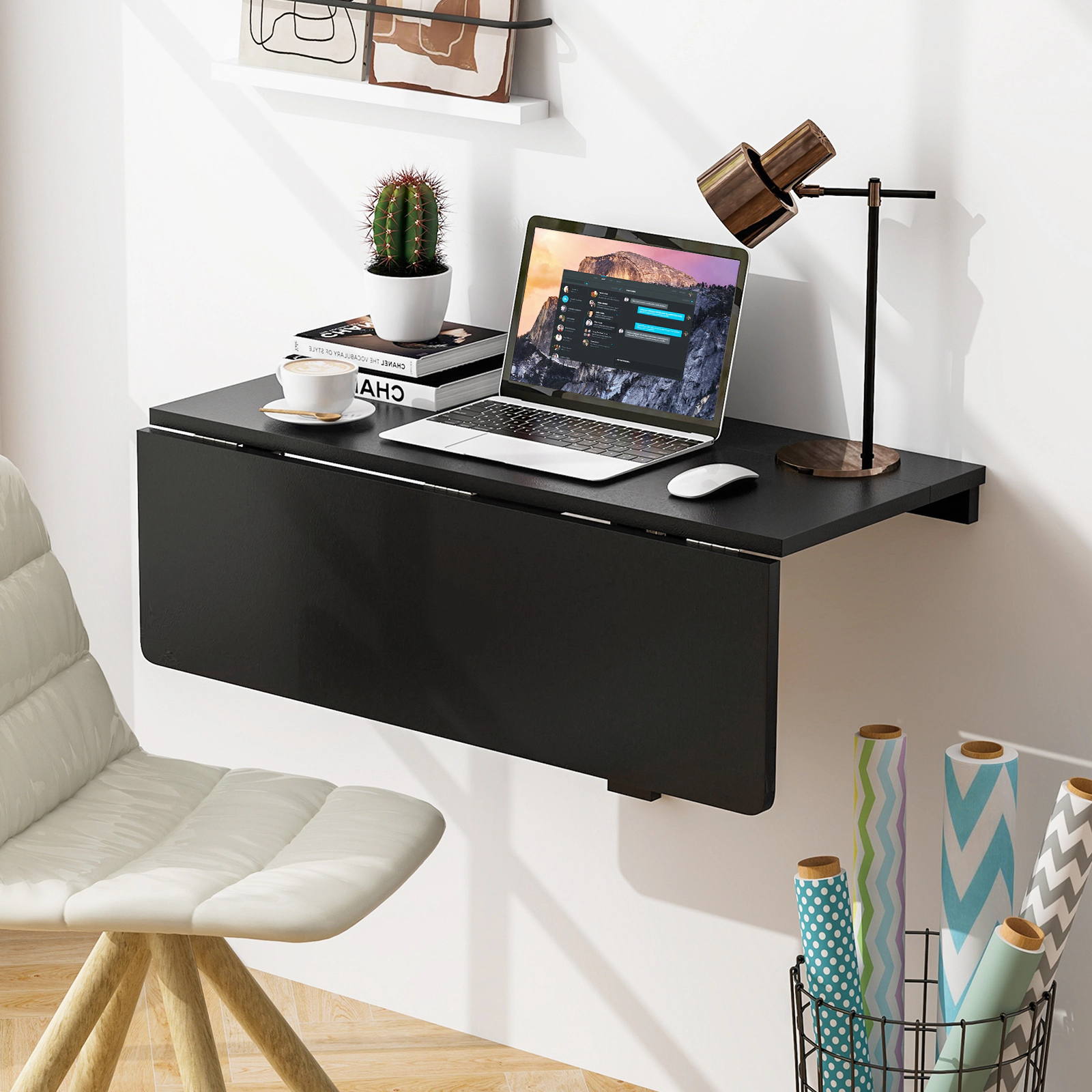 SUGIFT Wall Mounted Folding Table 31.5 x 23.5-in Drop-Leaf 66-lb Capacity Space-Saving Design Black