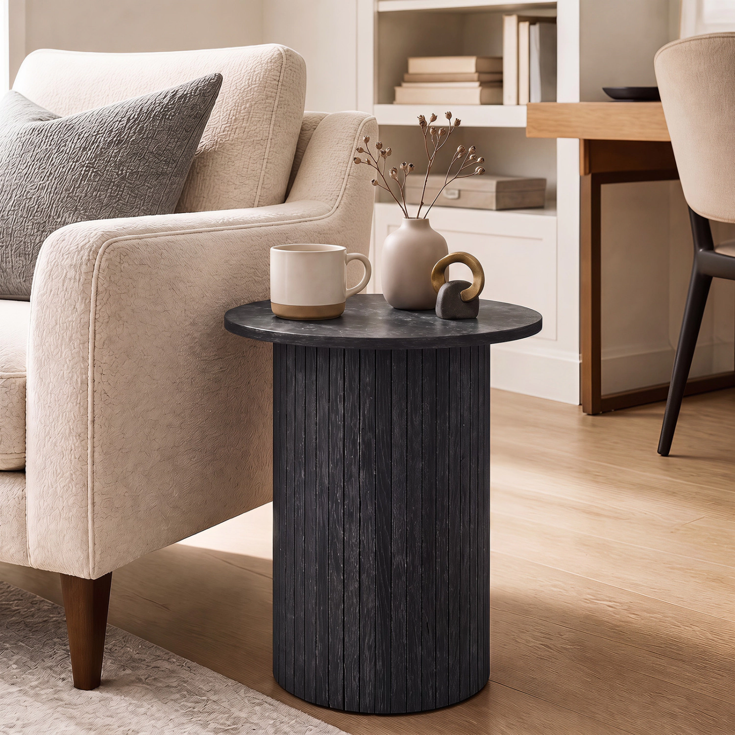LJG 18" Round Fluted Side Table with Pedestal Drum Design and Non-Slip Foot Pads for Small Spaces