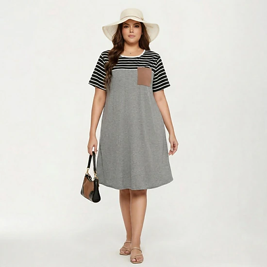 Anna-Kaci Women's Plus Size Short Sleeve Stripe Contrast Top Color Block T Shirt Dress