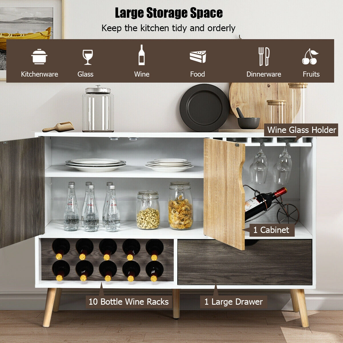 SUGIFT 47.5-in 110-lb Capacity Mid-Century Wooden Buffet Sideboard with 10-Bottle Wine Rack and Glass Holder
