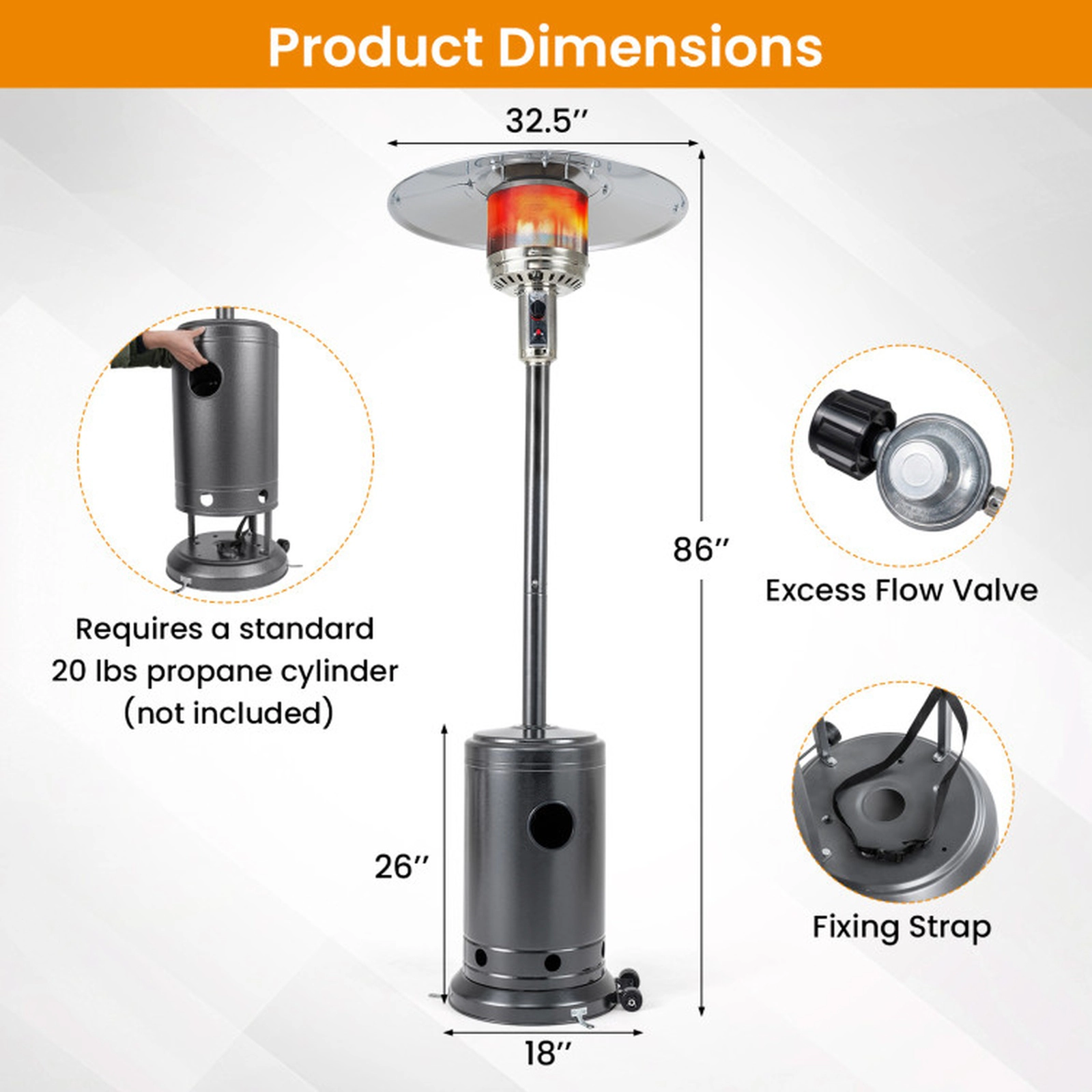 SUGIFT Gray Propane Patio Heater with Stainless Steel Burner and 20-ft Heat Range 50000-BTU 32.5-in W 86-in H