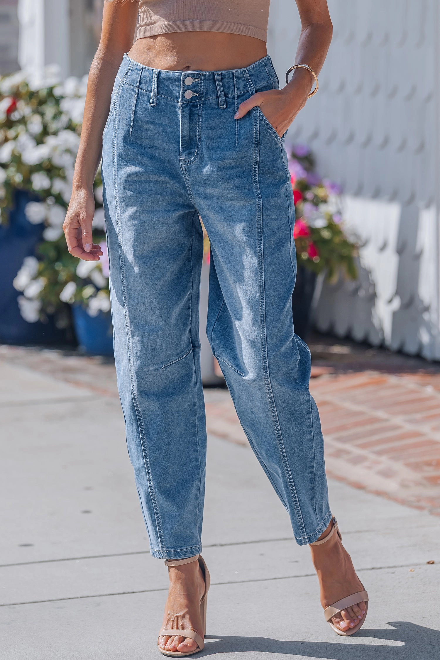 Threaded Pear Womens Hana Wash Cuffed Barrel Jeans - Mid Rise Sky Blue