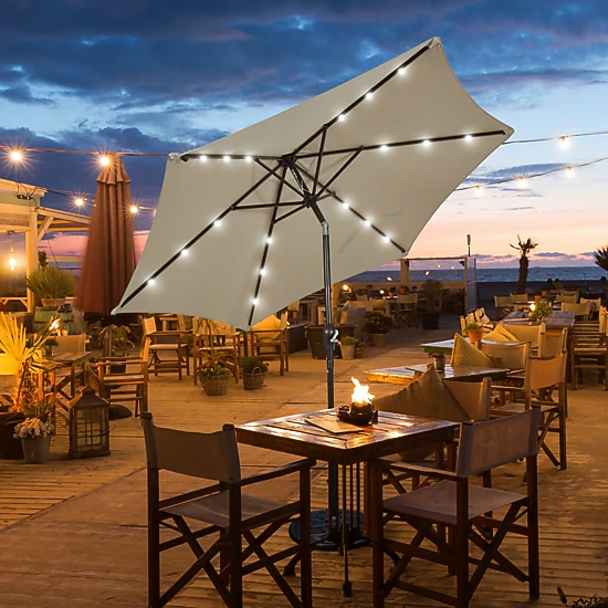 SUGIFT 9-ft Blue Solar LED Market Patio Umbrella with Push Button Tilt Crank Lift and 6 Ribs 8-ft H
