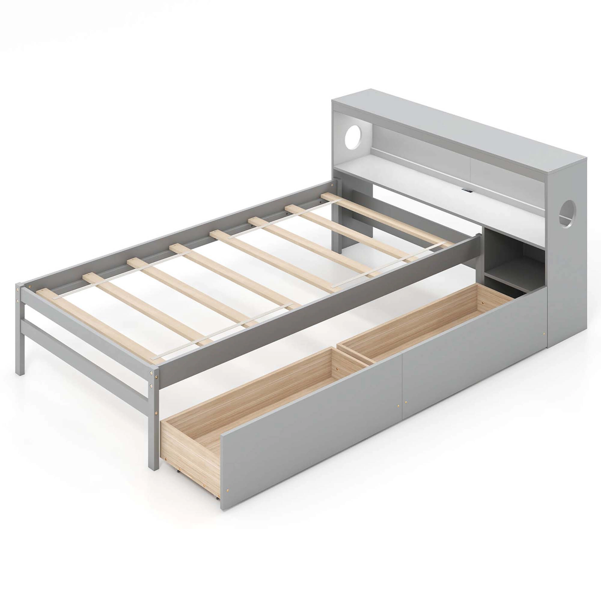 Costway Twin Size Bed Frame with LED Light & Power Outlet Bookcase Headboard Drawers Gray