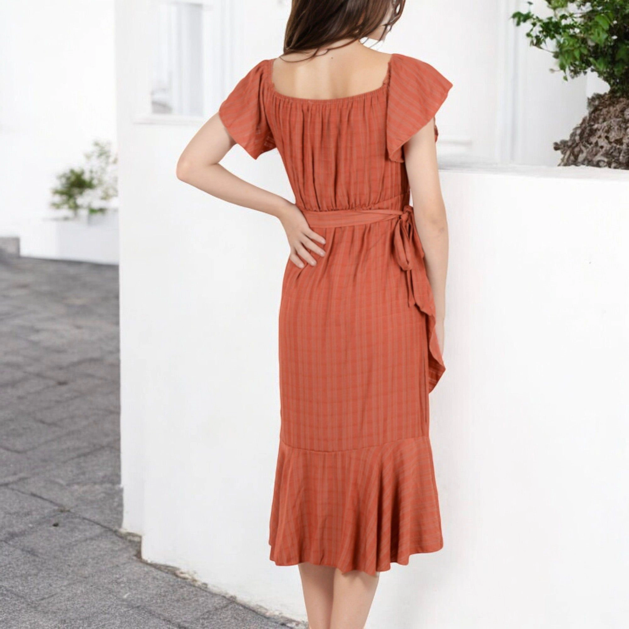 Anna-Kaci Women's Off Shoulder Plaid Flutter Sleeve Asymmetrical Hem Midi Dress