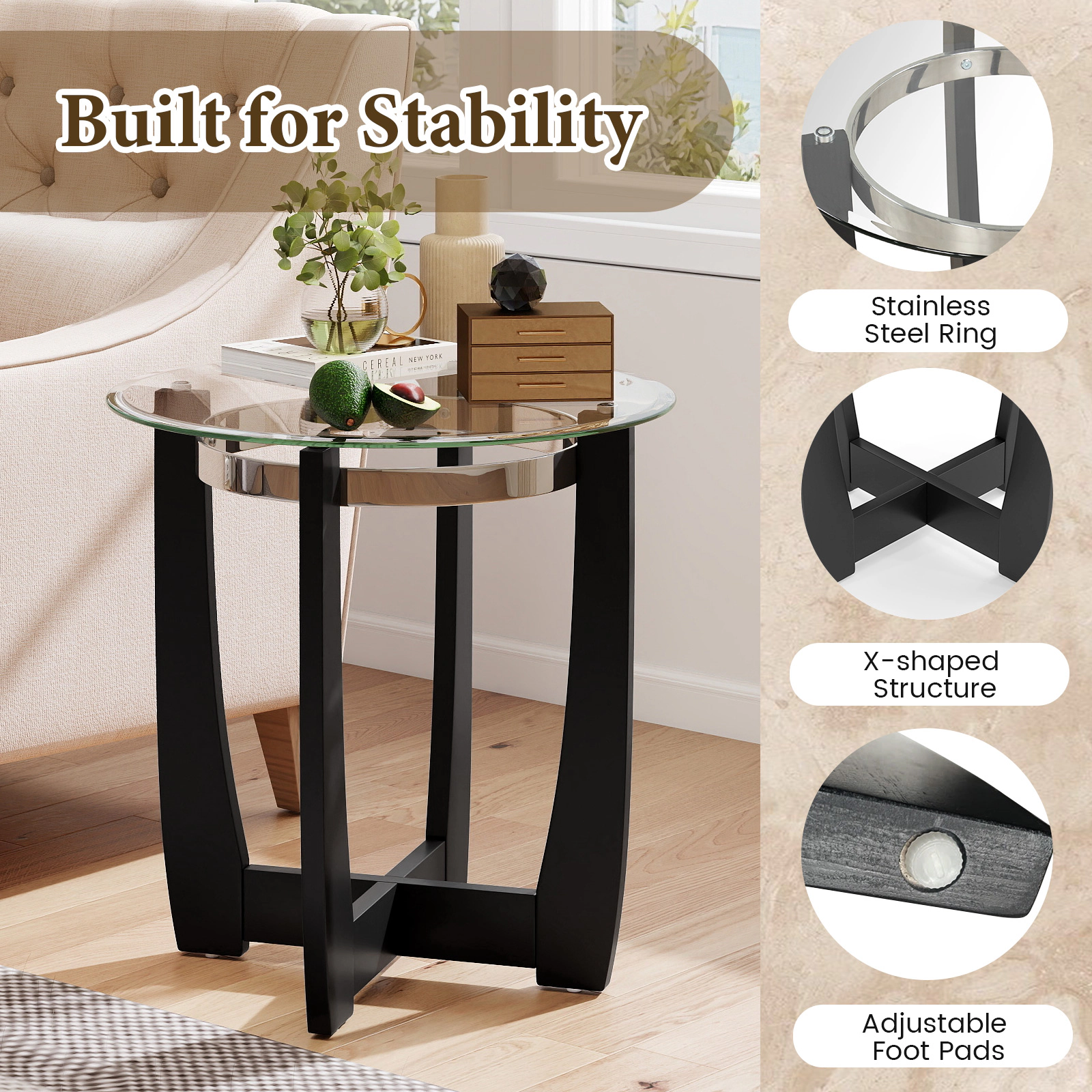 Glintex 24-Inch Round Tempered Glass Side Table with 220-Lb Cross-Braced Base