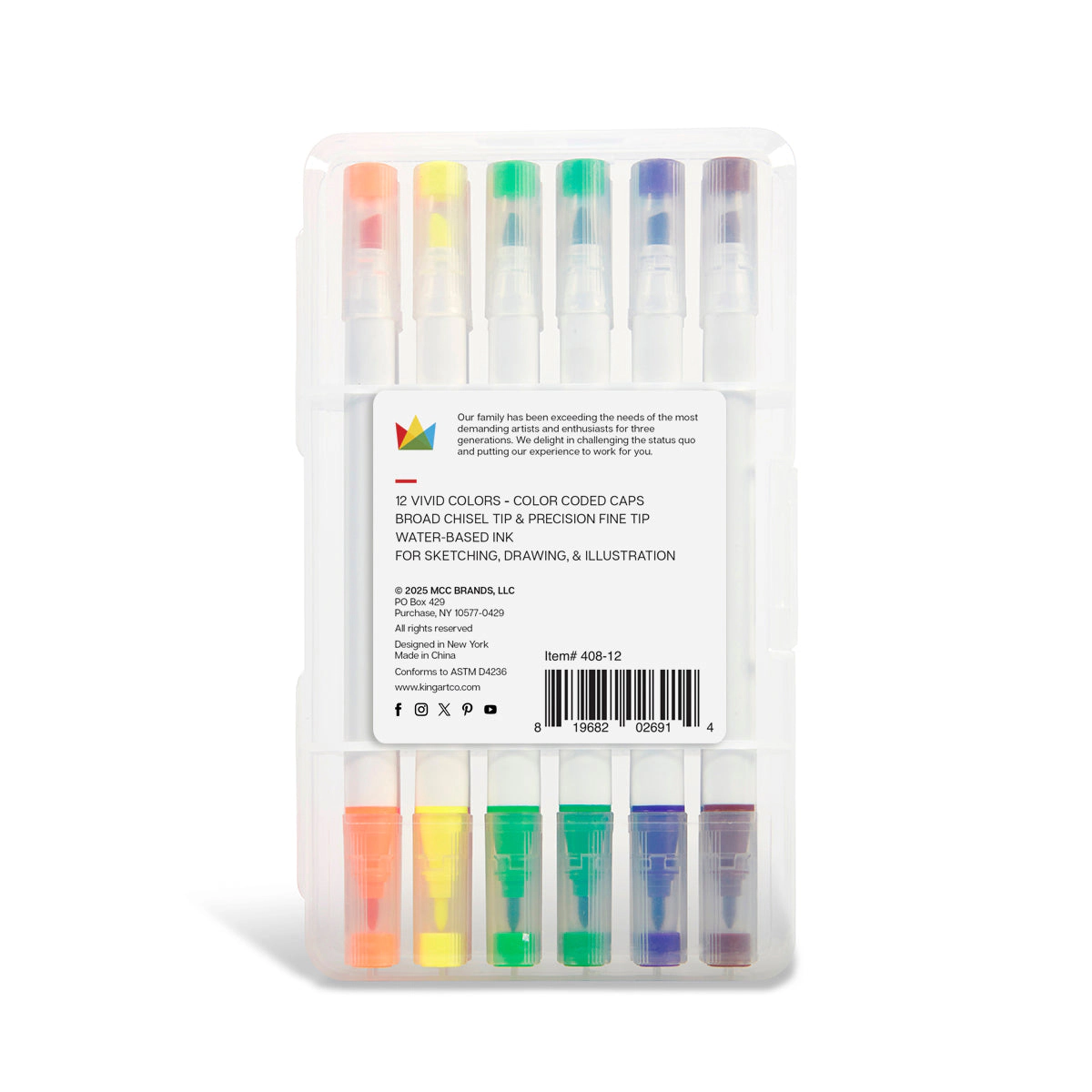 KINGART Twin-Tip Chisel & Fine Markers - Water-Based Ink - Set of 12