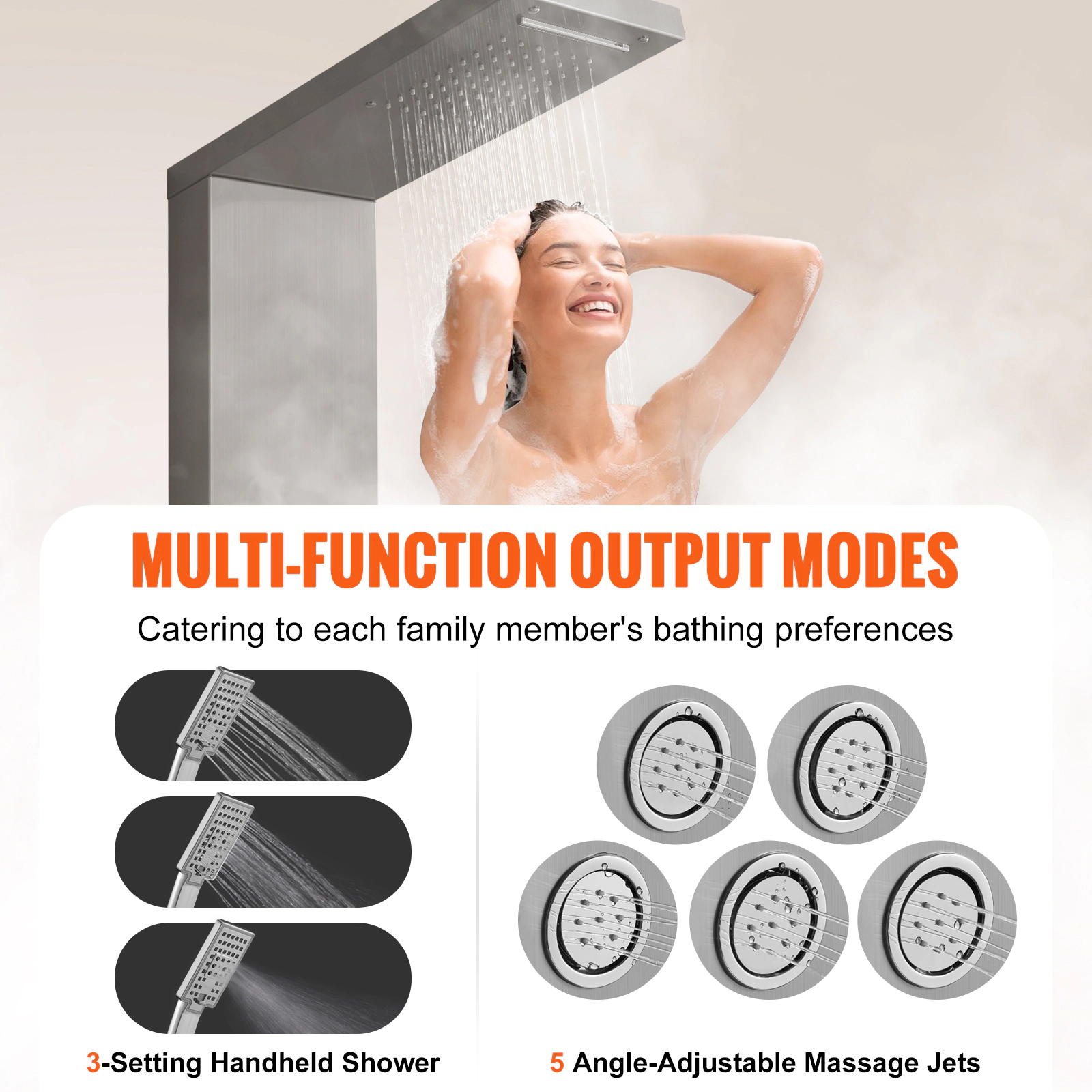 HONGGE 4-Function Shower Tower Panel, Rainfall, Waterfall & 5 Body Massage Jets