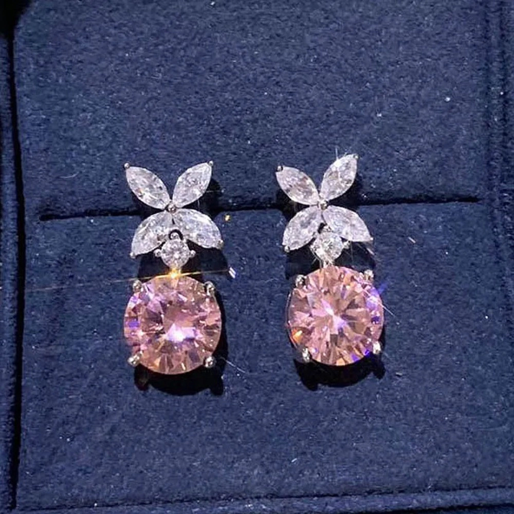 Sweet Pink Zirconia Flower Drop Earrings for Women