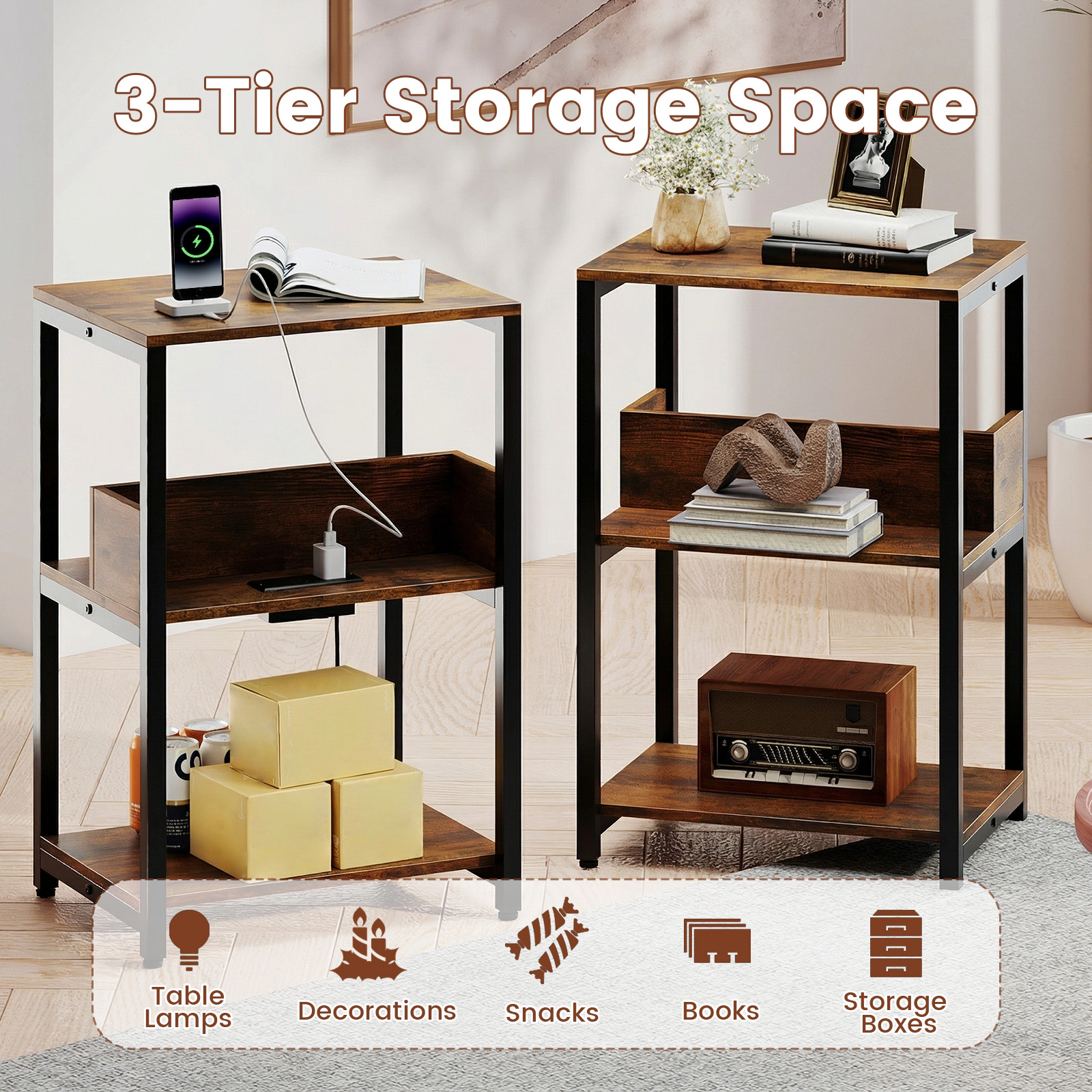 Glintex 3-Tier Side Table with Hidden Charging Station and Metal Frame, Rustic Brown