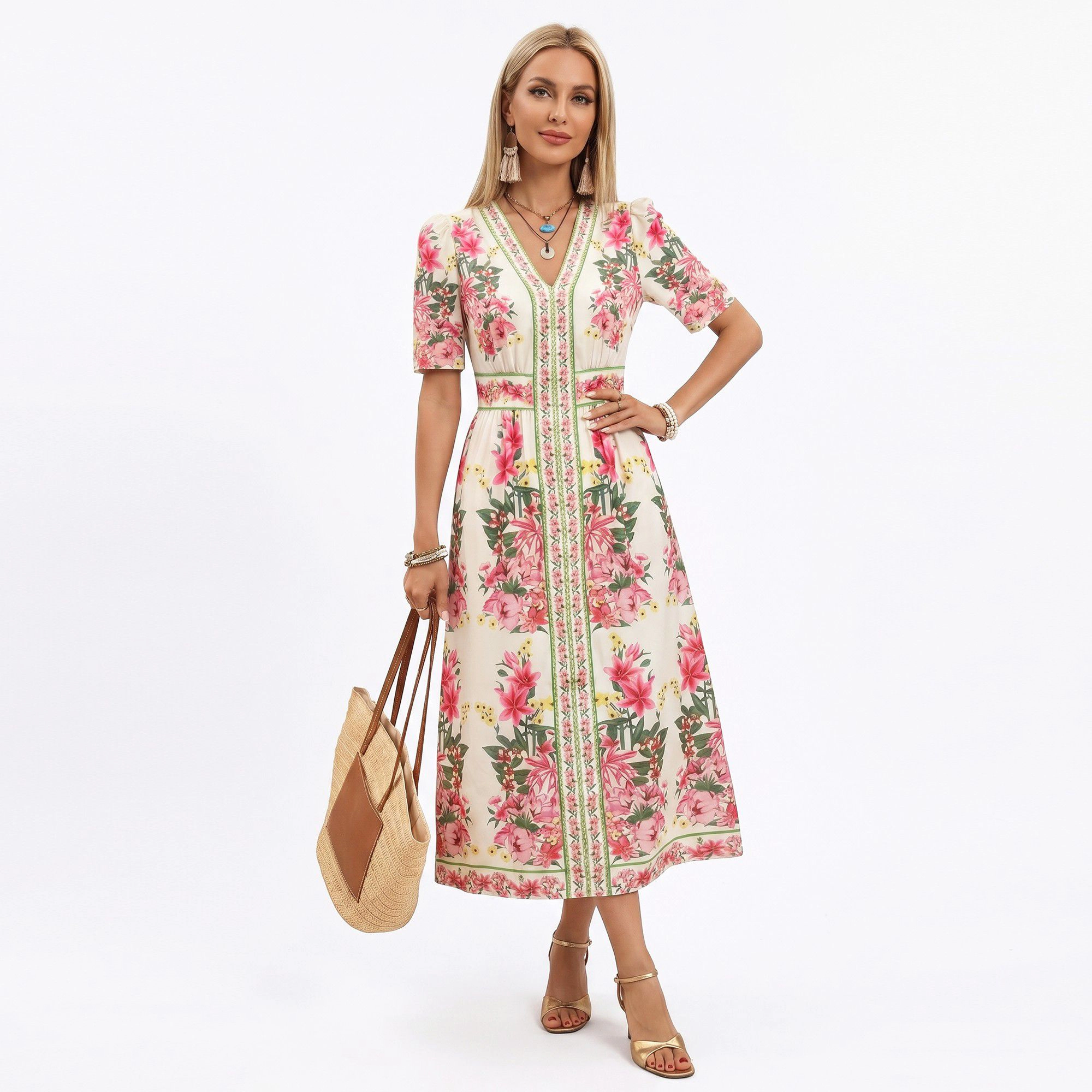 Anna-Kaci Women's Floral V-Neck Short Puff Sleeves Waist Midi Dress
