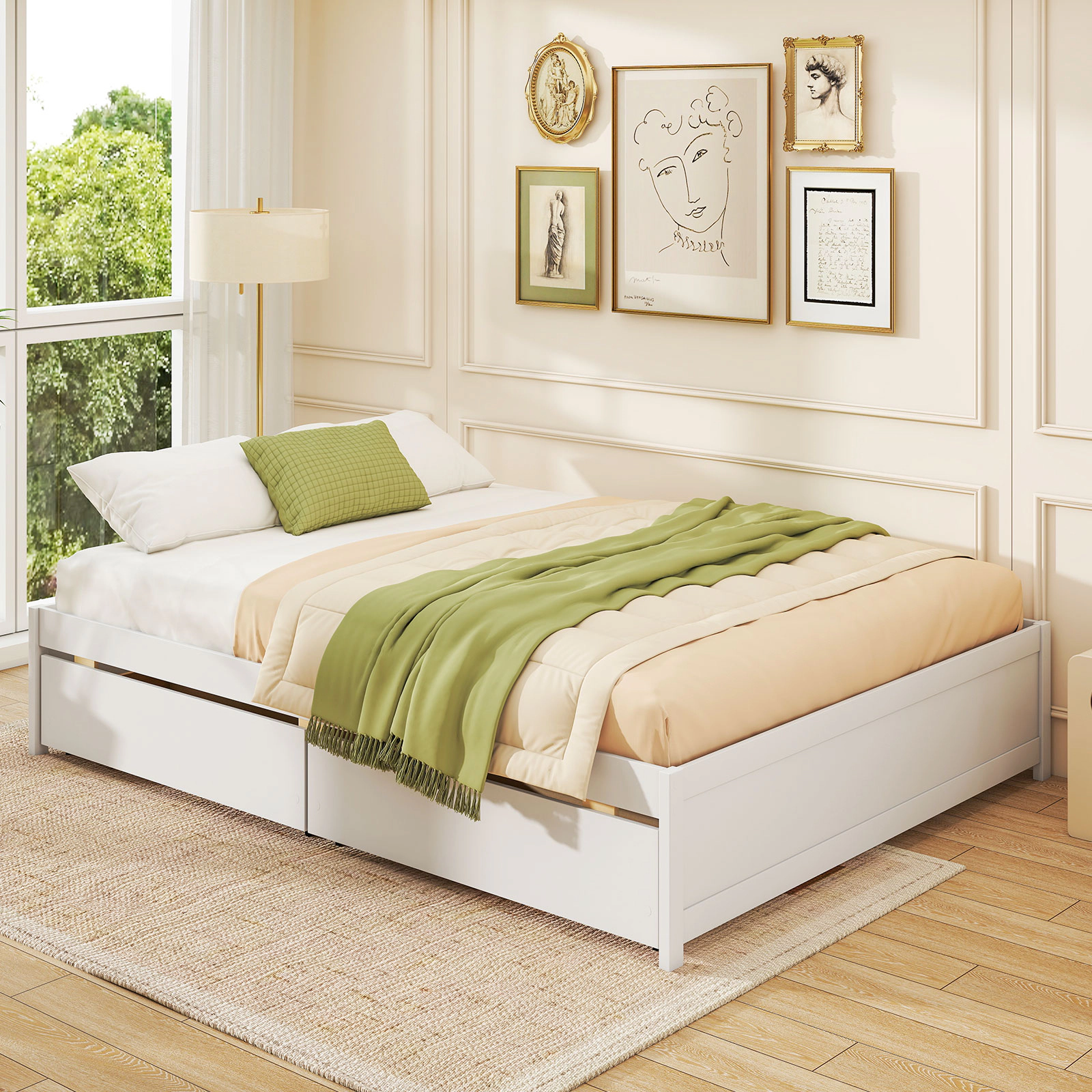 SUGIFT Queen Size Bed Frame with 2 Rolling Storage Drawers 300-lb Capacity White