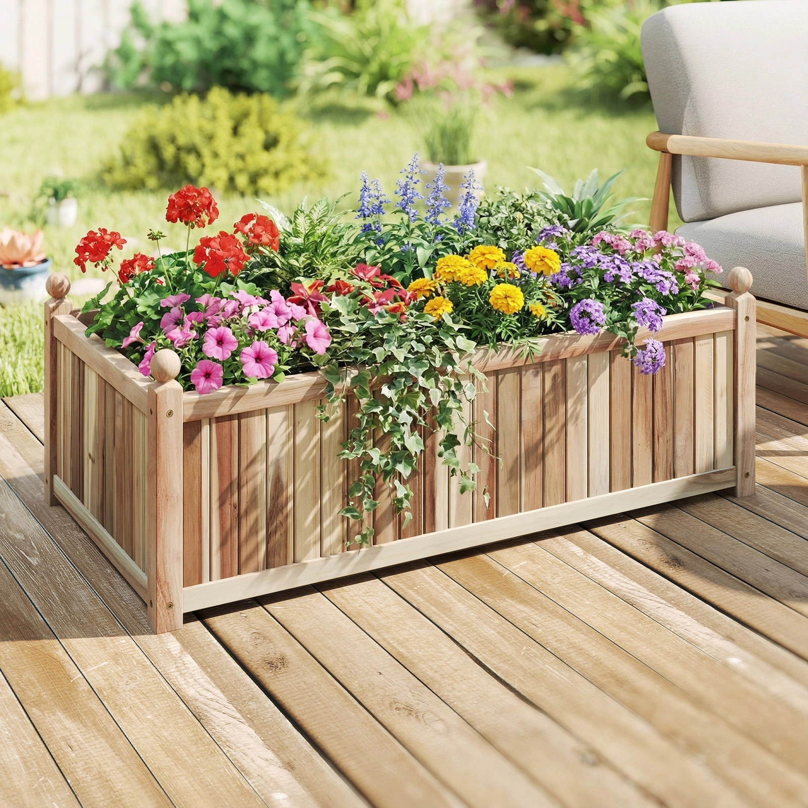 LJG Wooden Raised Garden Bed Natural Acacia Wood Rectangular Planter Box with Liner
