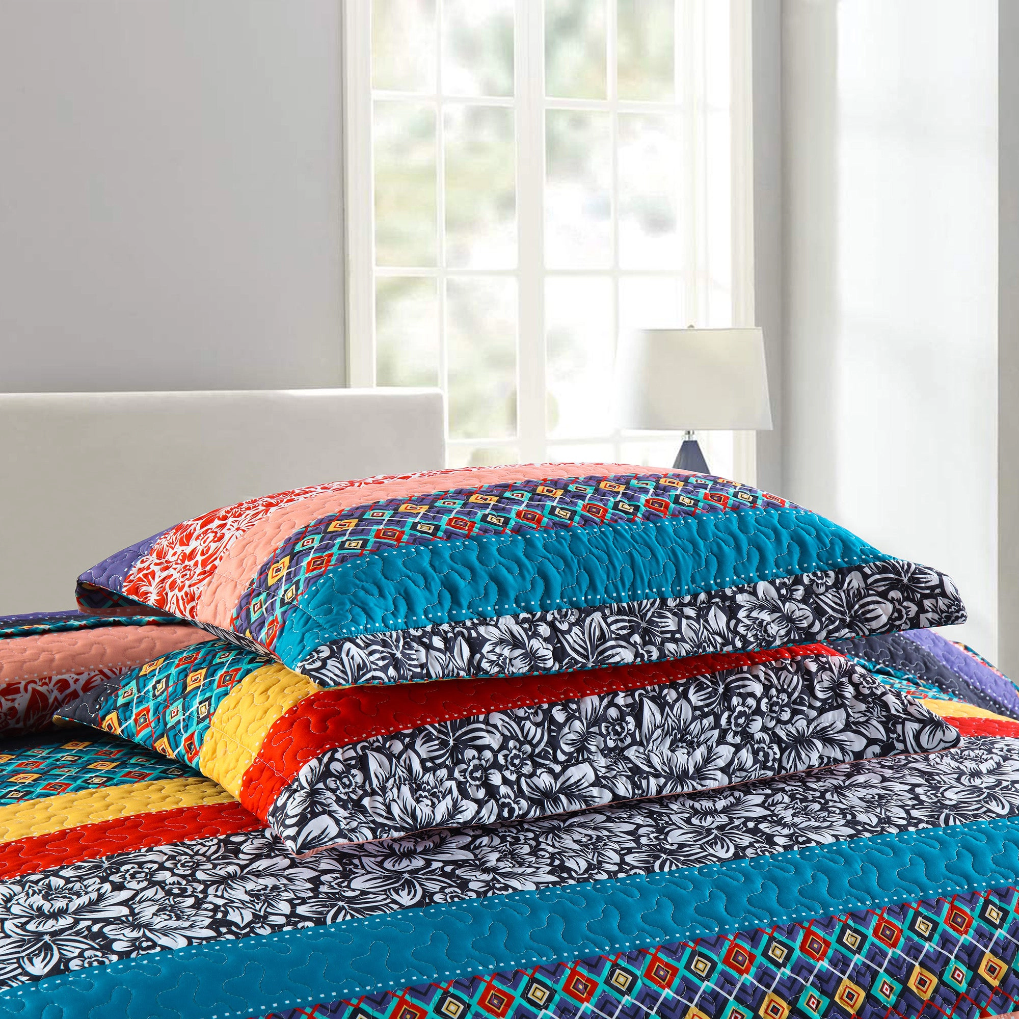 MarCielo 3 Pieces Soft Polyester Bohemian Stripe Patchwork Quilt Bedspread Set