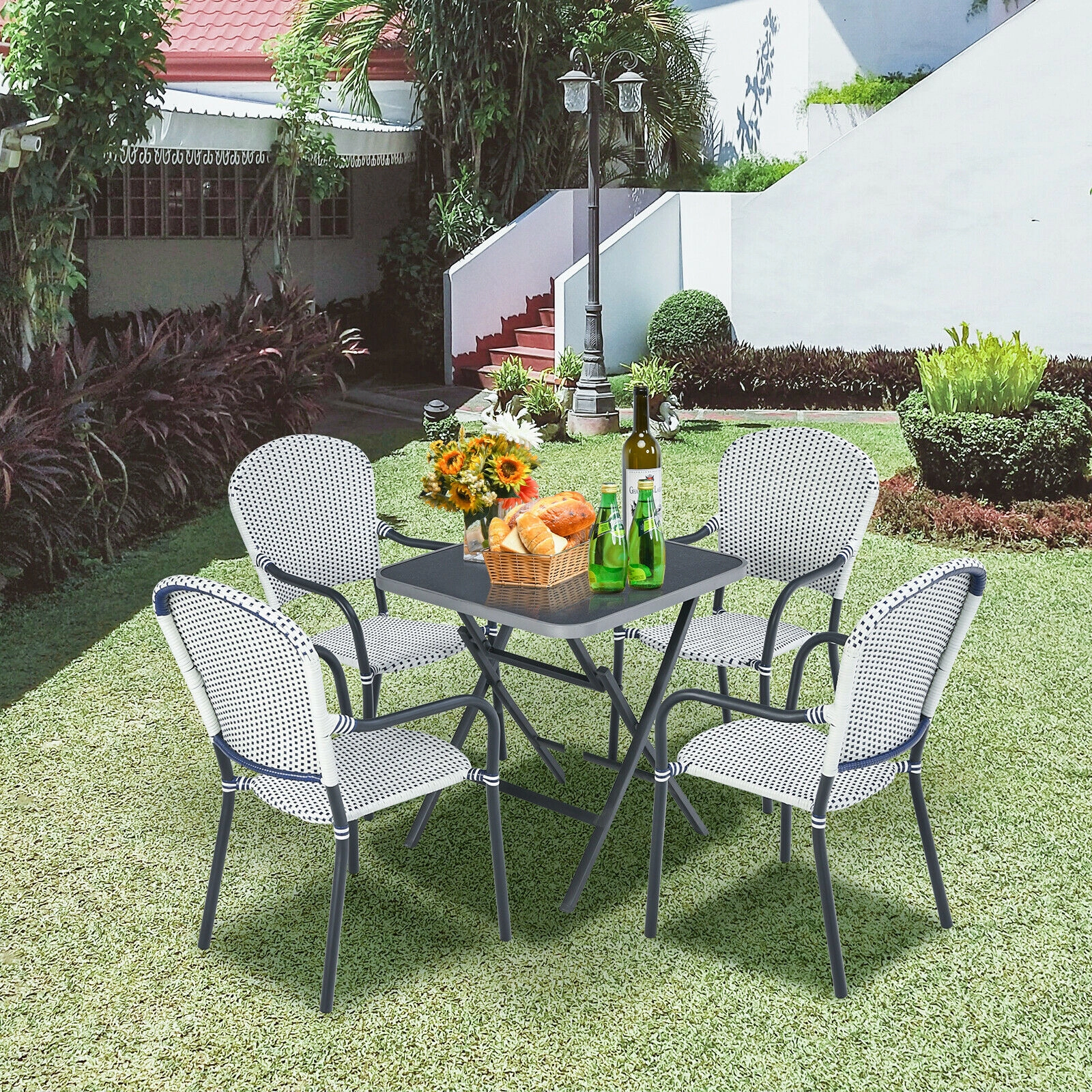 SUGIFT White Rattan Stackable Curved Armrests Garden Set of 4 Patio Dining Chairs