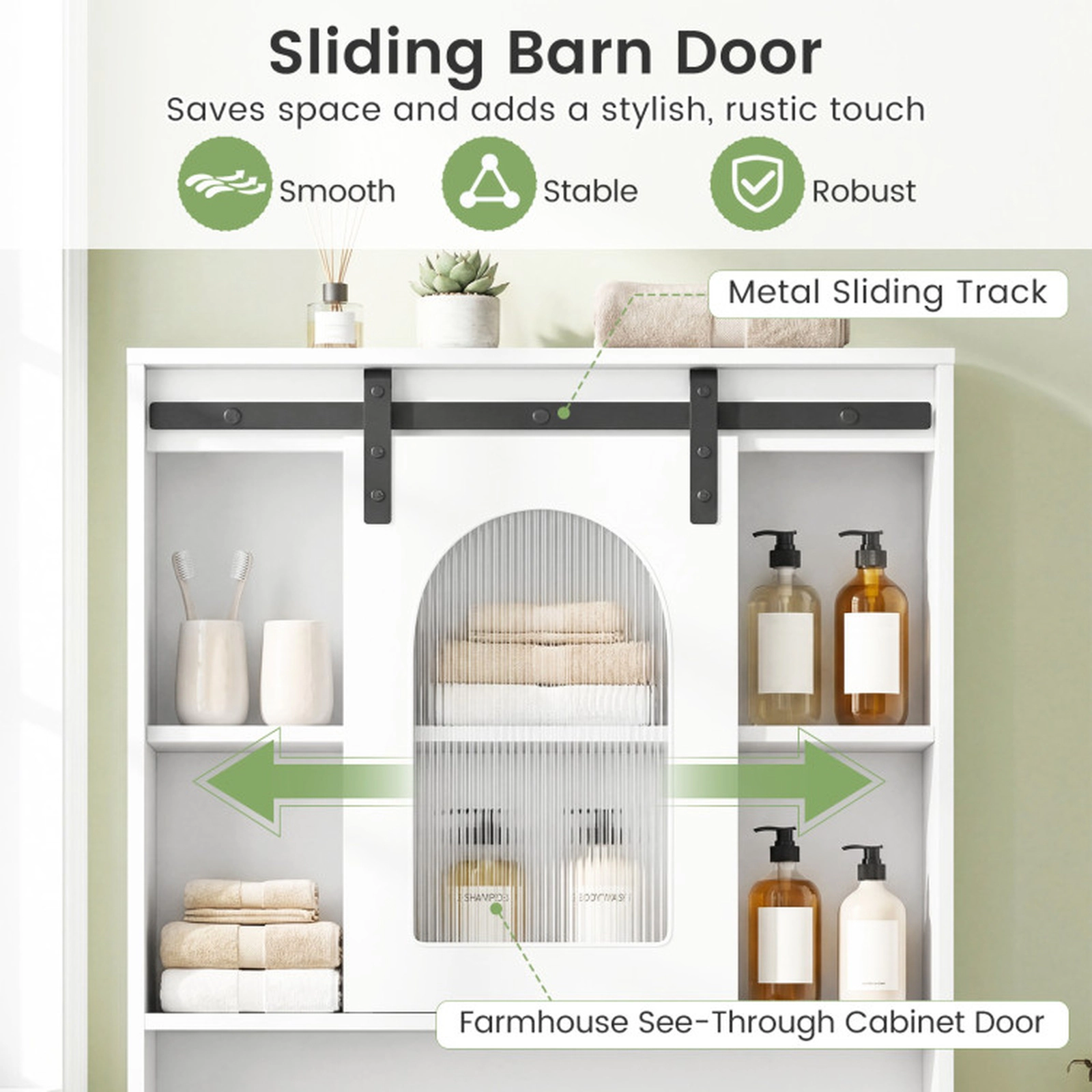 SUGIFT 67-in 44-lb Top Capacity White Over the Toilet Storage Cabinet with Sliding Barn Door and Hooks
