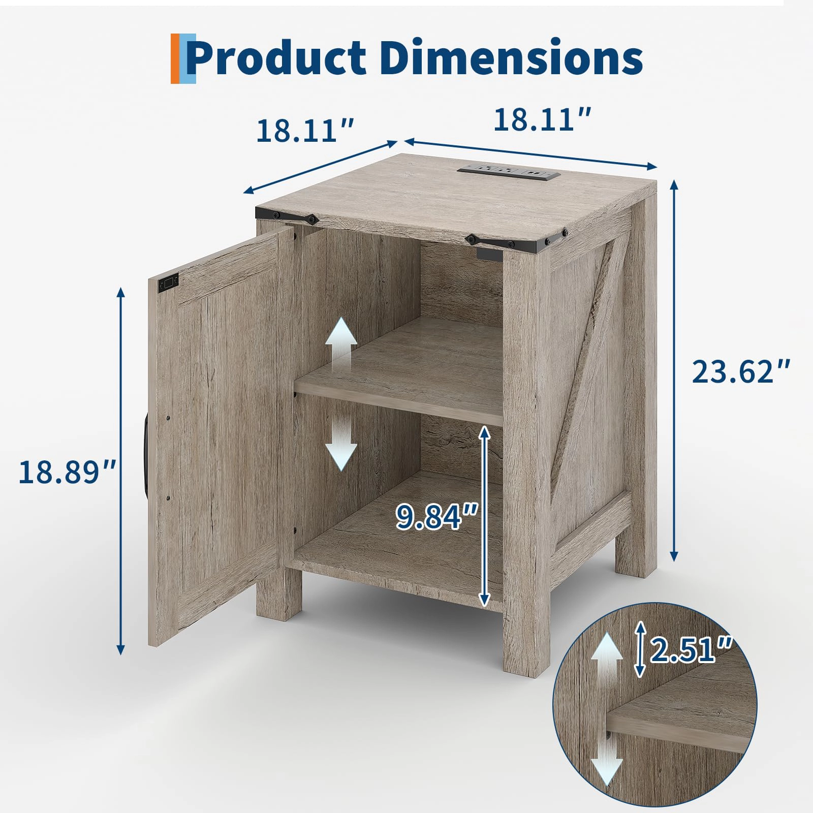 BebreezChic Set of 2 with USB Charging Station, Rustic Bedside Table with Sliding Barn Door and Adjustable Shelf