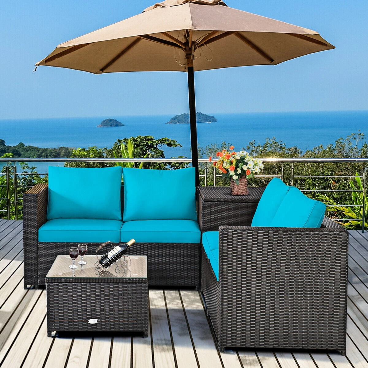 SUGIFT 4-Piece Turquoise Rattan Patio Set with Cushioned Loveseat, Glass Coffee Table and Storage Table