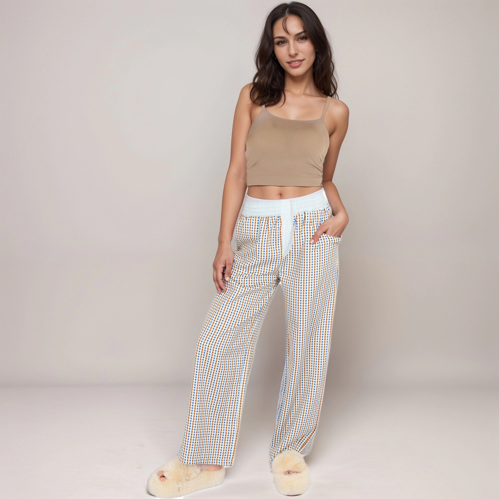 Anna-Kaci Women's Red Vertical Stripe Wide Leg Pants with Smocked Waistband Contrast Plaid Detail and Full-Length Fit